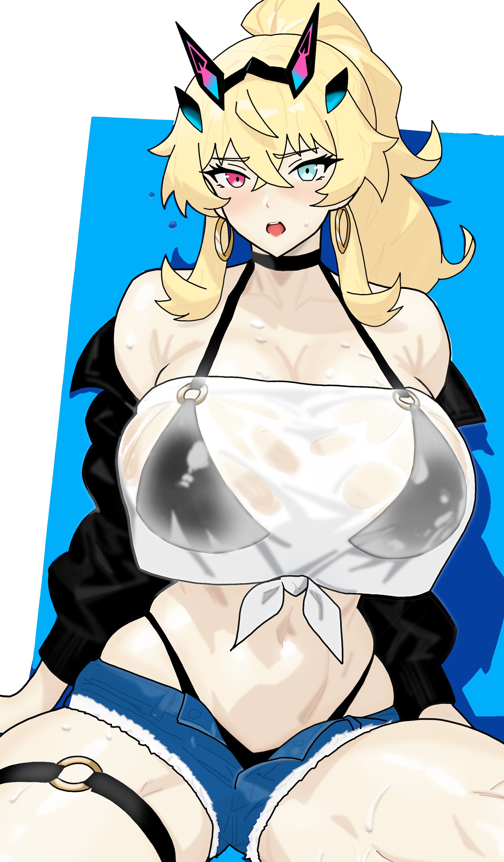 1girls, barghest (gawain) (fate), big breasts, bikini, bikini bottom, bikini top, black bikini, blonde hair, blue eyes, blue shorts, blush, bottomwear, breasts, choker, crop top, ear piercing, earrings, fate (series), female, female only, hair, heterochromia, hoop earrings, huge breasts, jacket, long hair, muscular, muscular female, neckwear, pink eyes, ponytail, short shorts, shorts, solo, solo female, sweat, sweatdrop, swimwear, thick thighs, thigh strap, thighs, tied hair, topwear, yom4 e