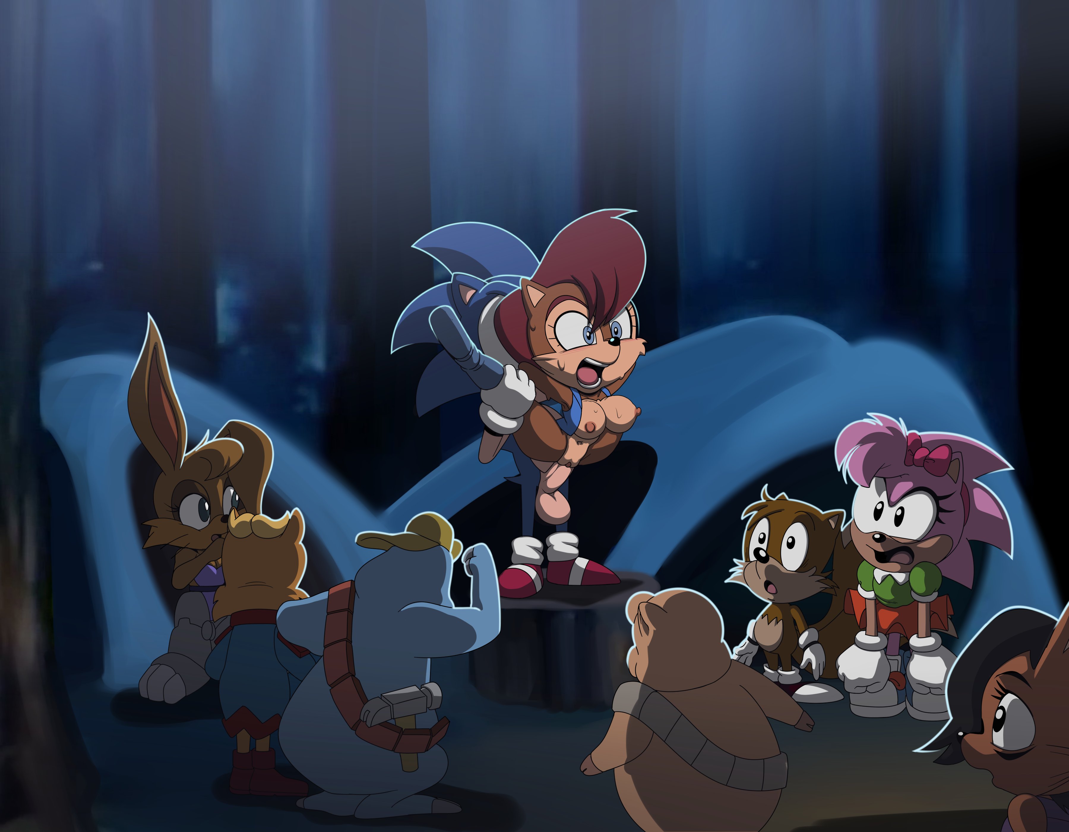 amy rose, anthro on anthro, antoine d'coolette, audience, being watched, bunnie rabbot, cheering, crowd, crowd watching, demonstration, female, full nelson (legs held), furry, holding legs, in awe, in front of another, in public, leg grab, legs held open, legs up, looking up at another, male, miles tails prower, nicole the lynx, nude in front of audience, public exposure, public indecency, public nudity, public sex, public use, reverse suspended congress, rotor the walrus, sally acorn, sex, shocked expression, showing, sonic (series), sonic satam, sonic the hedgehog, sonic the hedgehog (archie), stand and carry position, standing sex, standing split, tails the fox, teaching, turboranger, watched, watching sex