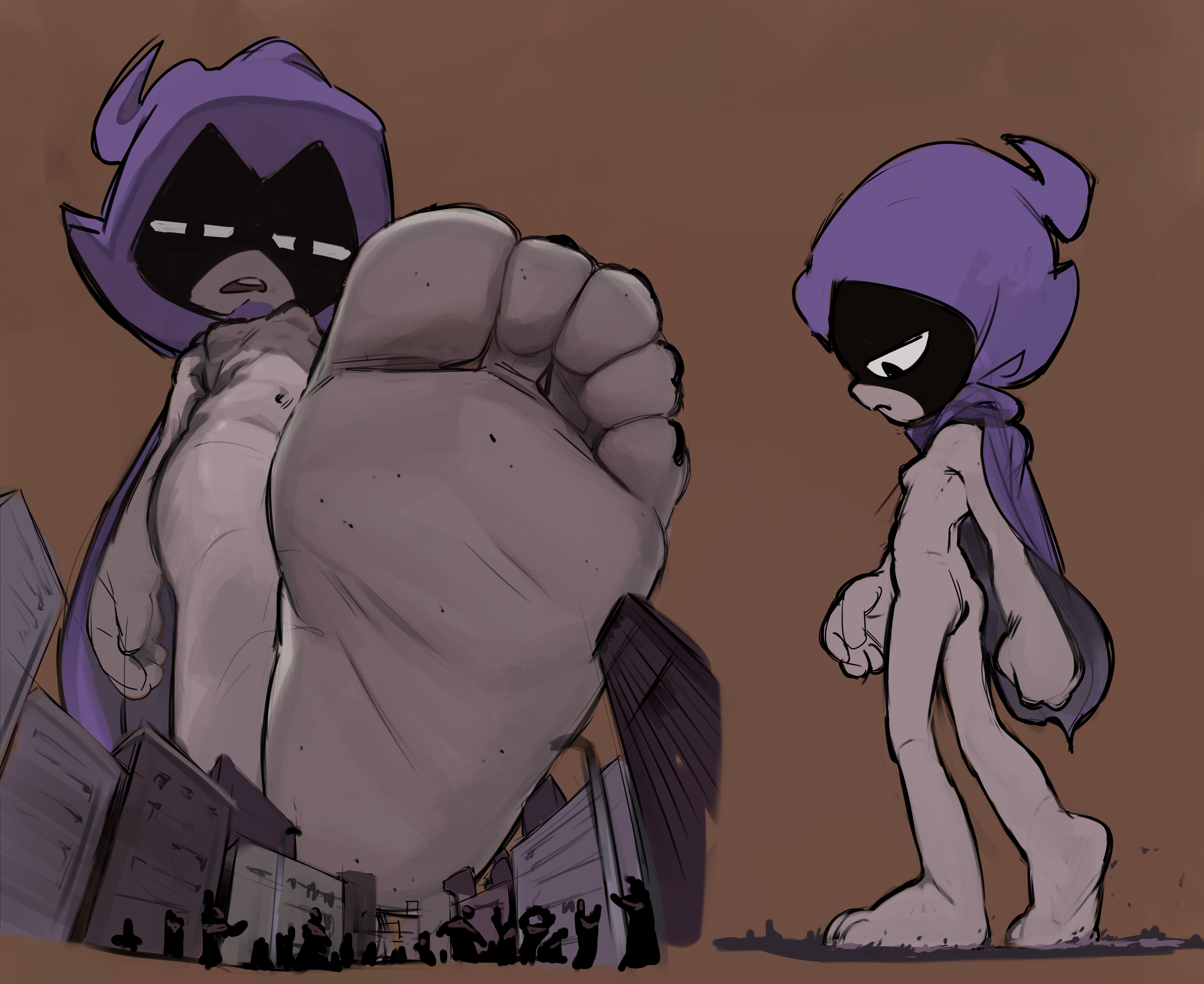 city, city crushing, city destruction, cityscape, crush, crushing, disgust, disgusted, fooooly, foot fetish, foot focus, giantess, nude, raven (dc), raven (teen titans go!), raven (teen titans), tagme, teen titans, teen titans go