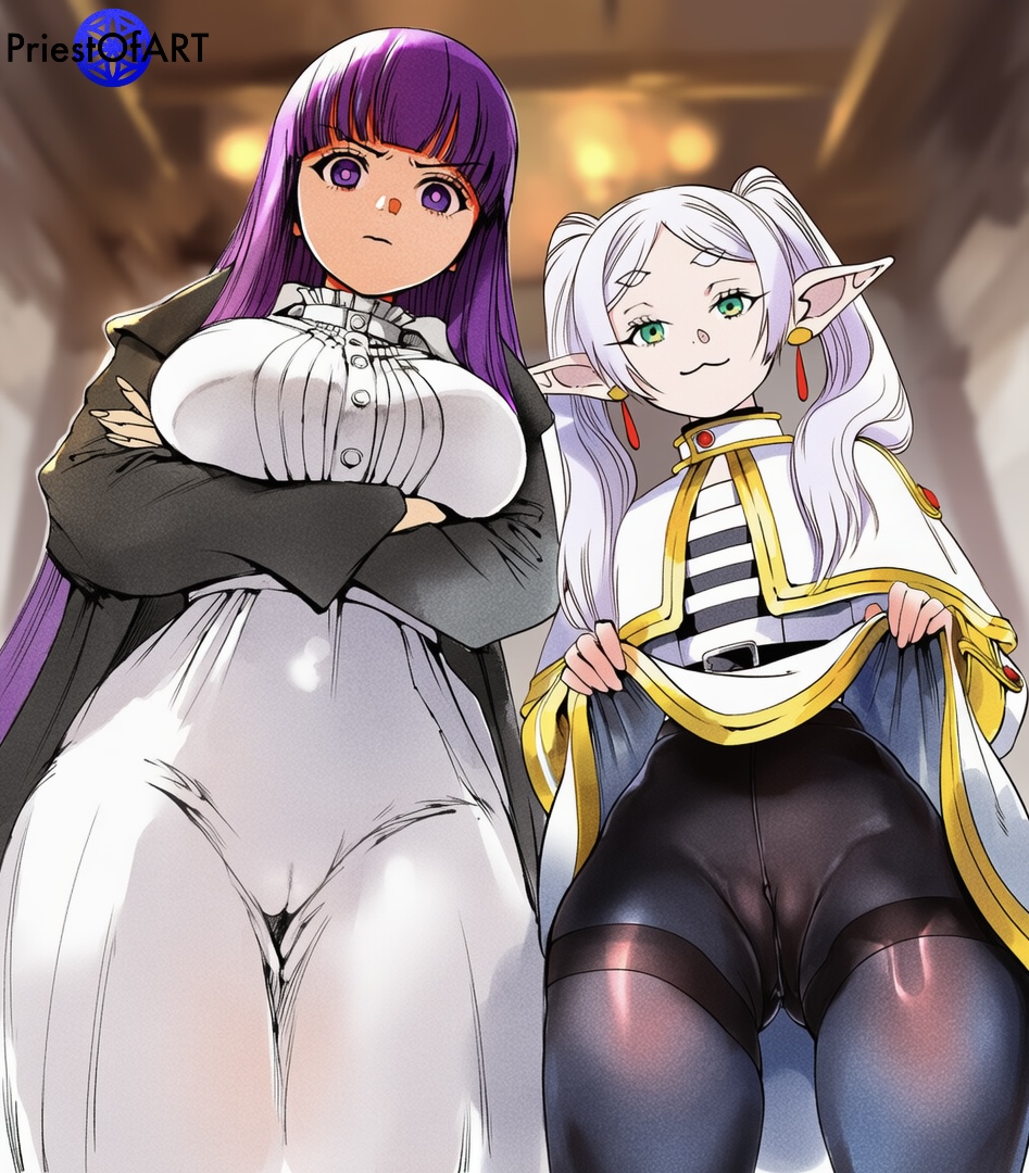 :3, 2girls, ai generated, angry, angry face, big breasts, blunt bangs, breasts, busty, cameltoe, cape, crossed arms, dress, earrings, elf, elf ears, elf female, female, female only, fern (sousou no frieren), frieren, from below, indoors, large breasts, lifting own clothes, long hair, multiple girls, pantyhose, priestofart, purple eyes, purple hair, shiny, silver hair, small breasts, sousou no frieren, thick thighs, twintails, watercolor, watercolor (artwork), watermark, white dress, wide hips