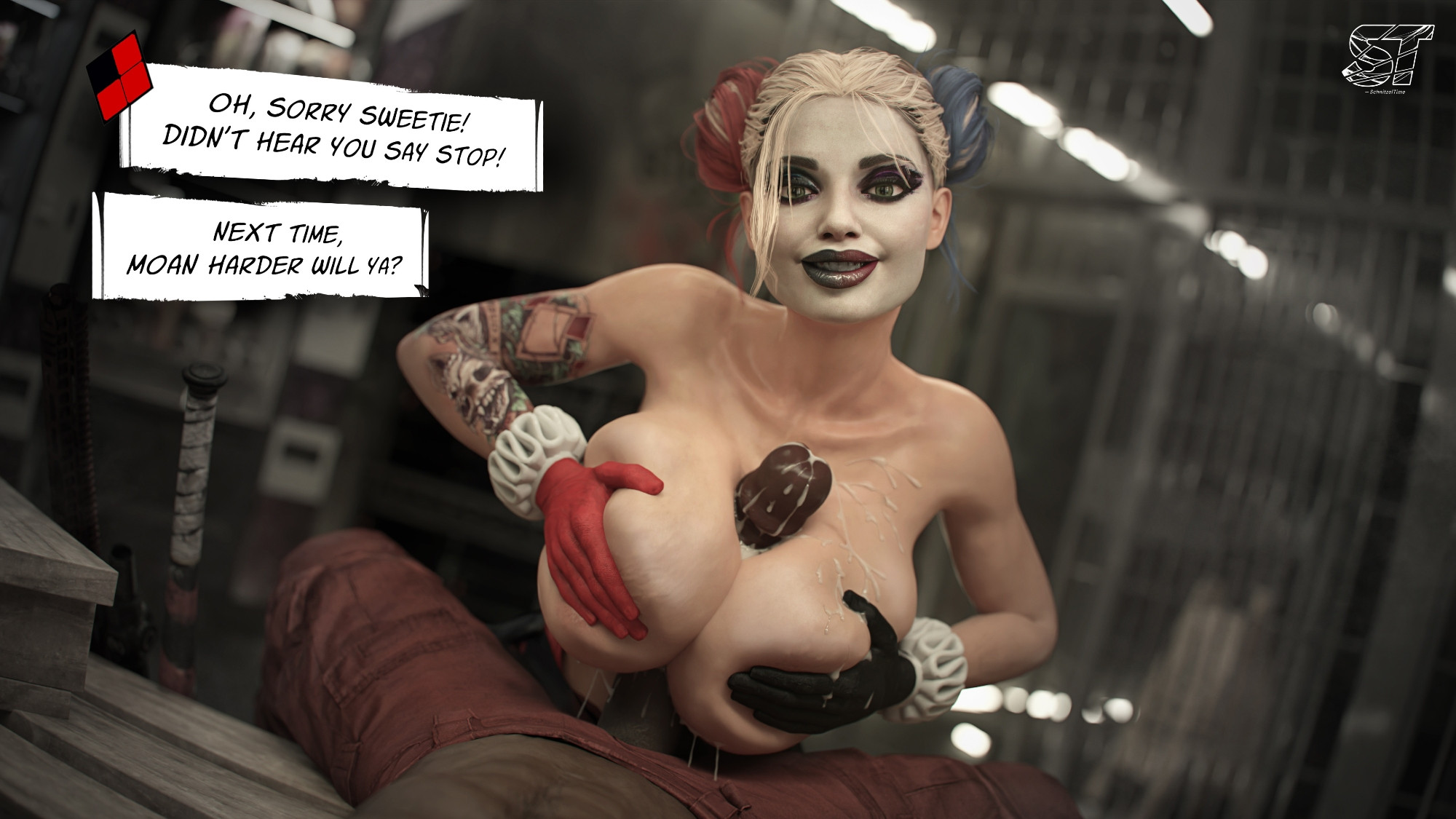 1boy, 1girls, 3d, alternate body type, alternate breast size, alternate version available, areolae, areolae slip, arm tattoo, baseball bat, batman (series), bodysuit, breast squish, breasts, covering nipples, cum, cum between breasts, cum on breasts, dark-skinned male, dc, dc comics, deadshot, detailed background, english, english text, enormous breasts, exposed breasts, female, female focus, floyd lawton, frilled gloves, gloves, harley quinn, harley quinn (arkham), harley quinn (suicide squad game), huge areolae, huge hips, image set, indoors, looking at viewer, male, nipples, paizuri, paizuri lead by female, penis, penis between breasts, post-orgasm, pressing breasts together, schnitzeltime, semi pov, skimpy, skimpy clothes, skin tone difference, skintight bodysuit, slim waist, straight, straight sex, suicide squad, suicide squad: kill the justice league, tattoo, text, tight bodysuit, voluptuous, voluptuous female, wide hips