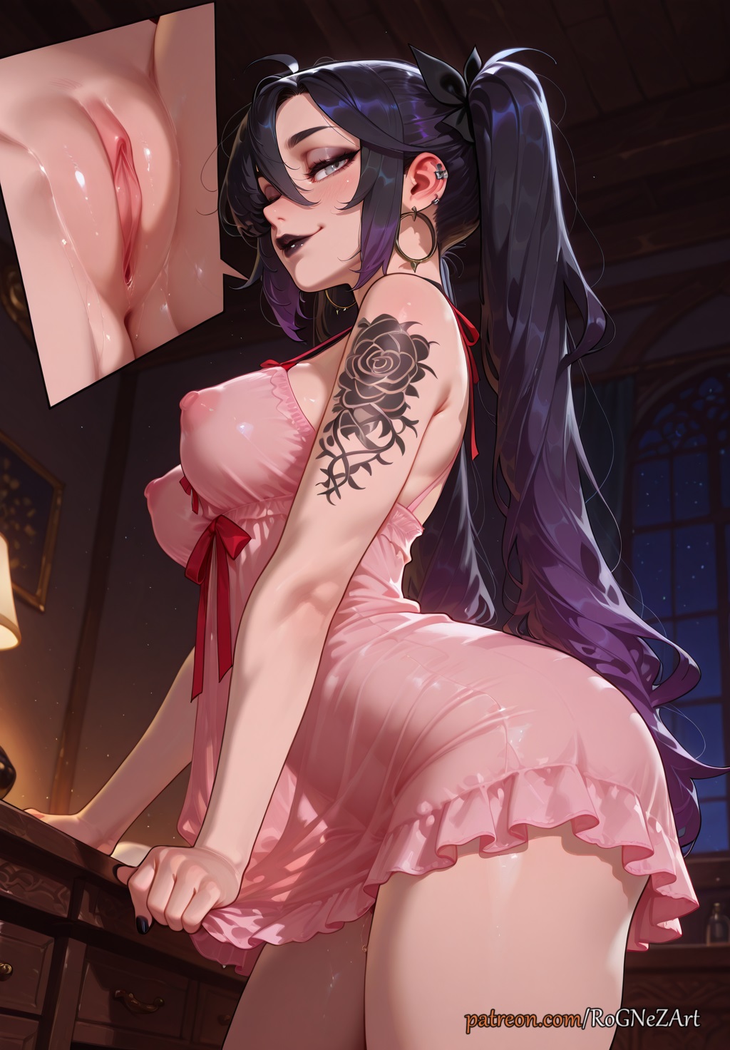 1girls, 2025, ai generated, anus, arm tattoo, ass, babydoll, bangs, black hair, black lips, black nails, blush, breasts, buttocks, cleavage, covered nipples, crossover, earrings, exposed nipples, eye contact, female, female focus, female only, flushed, genshin impact, hair ribbon, hi res, highres, hoop earrings, hoyoverse, huge breasts, indoors, inside, jewelry, lamp, large breasts, lingerie, lipstick, long hair, looking at viewer, makeup, mihoyo, mona (genshin impact), nail polish, night, nightgown, nipples, patreon, patreon username, piercing, pussy, pussy juice, ribbon, rognezart, see-through, smile, smiling, solo, spread pussy, tattoo, thick thighs, thighs, twintails, uncensored, underwear, very long hair, window