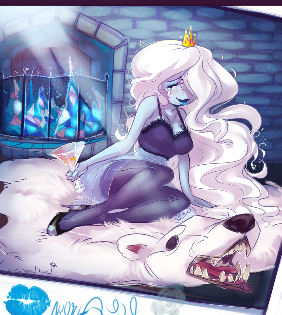 adventure_time bear blue_skin crown female hair_over_one_eye high_heels ice_queen_(adventure_time) laurlaur lipstick long_hair photo_(object) thighhighs white_hair