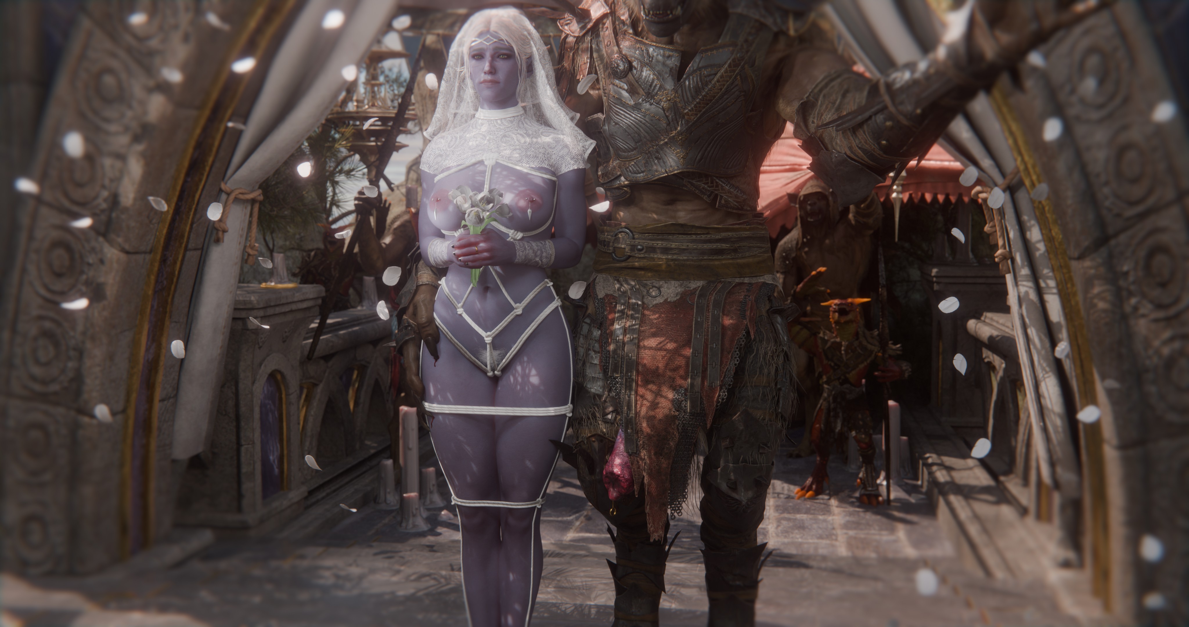 1boy, 1girls, 3d, anthro, anthro on human, baldur's gate 3, breasts, burenyawaaa, female, female focus, flower, forced wedding, large breasts, large penis, minthara, penis out, pierced nipples, pubic hair, public nudity, rope, tagme, wedding