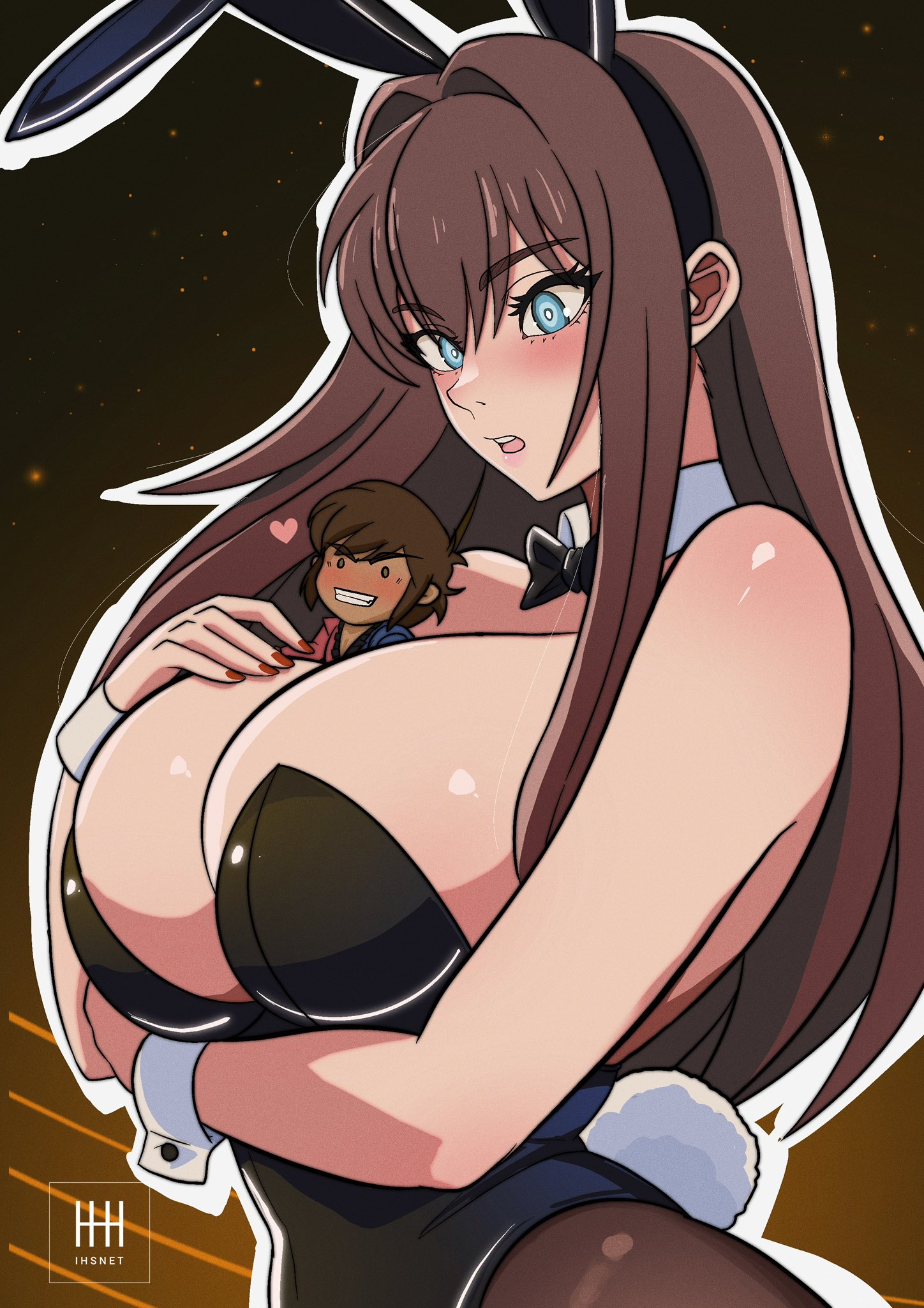 1boy, 1girls, aozaki aoko, arm under breasts, big breasts, breasts, brown hair, bunny ears, bunny girl, bunnysuit, busty, fate (series), fate/grand order, female, giant breasts, giantess, ihsnet, large breasts, long hair, male, pantyhose, smaller male, stockings, surprised, tights, trapped in breasts, voluptuous