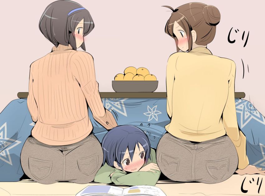 1boy, 2d, 2d (artwork), 2d artwork, 2girls, 2girls 1boy, 2girls1boy, 2women, age difference, ahoge, ass, ass focus, asses, blue hair, blush, blushed face, blushing female, blushing profusely, booty, booty focus, bowl, brown eyes, brown hair, butt focus, caught staring, child bearing hips, curvy, denim, face between asses, face between buttocks, female, food, fruit, hair bun, hairband, huge ass, indoors, jeans, kotatsu, male, mandarin orange, mature female, mother and son, multiple females, multiple girls, name john, no sex, older female, older female and younger male, orange (fruit), original, original character, original characters, pants, plump, pocket, simple background, single hair bun, sitting, staring, staring at another, staring at ass, sweater, table, under the table, watching, wide hips, young, younger male