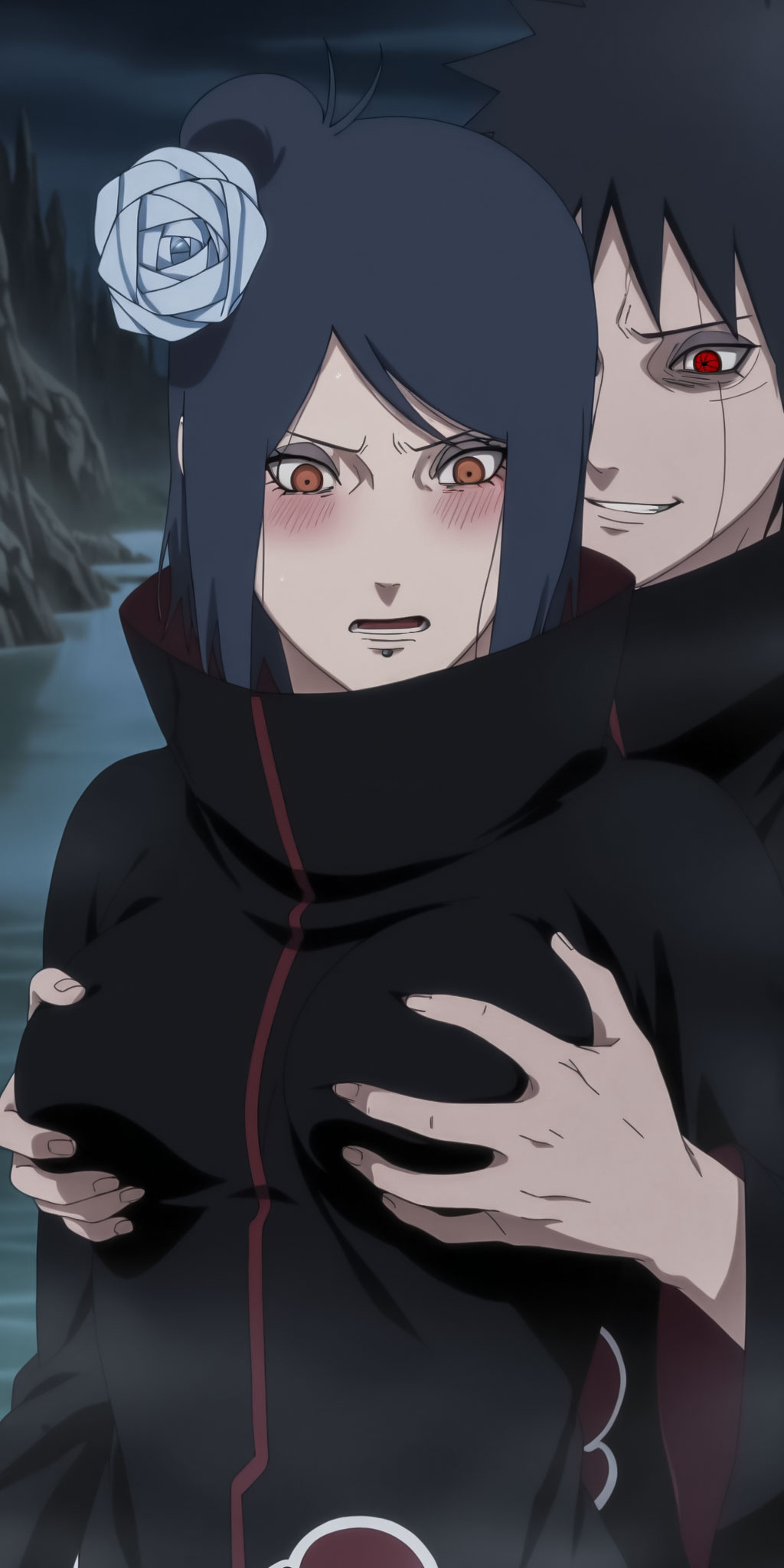  yumidreams, 1boy, 1girls, after fight, ai generated, akatsuki (naruto), before sex, breast grab, breasts, caught off guard, embarrassed, eyeshadow, faithful to the anime, female, grabbing, grabbing from behind, groping, groping breasts, hand on breast, hugging from behind, imminent sex, konan, looking at another, male, male/female, molestation, naruto, naruto (series), naruto shippuden, orange eyes, raining, red eyes, sharingan, straight, tight clothing, uchiha obito, uncensored, unmasked, upper body