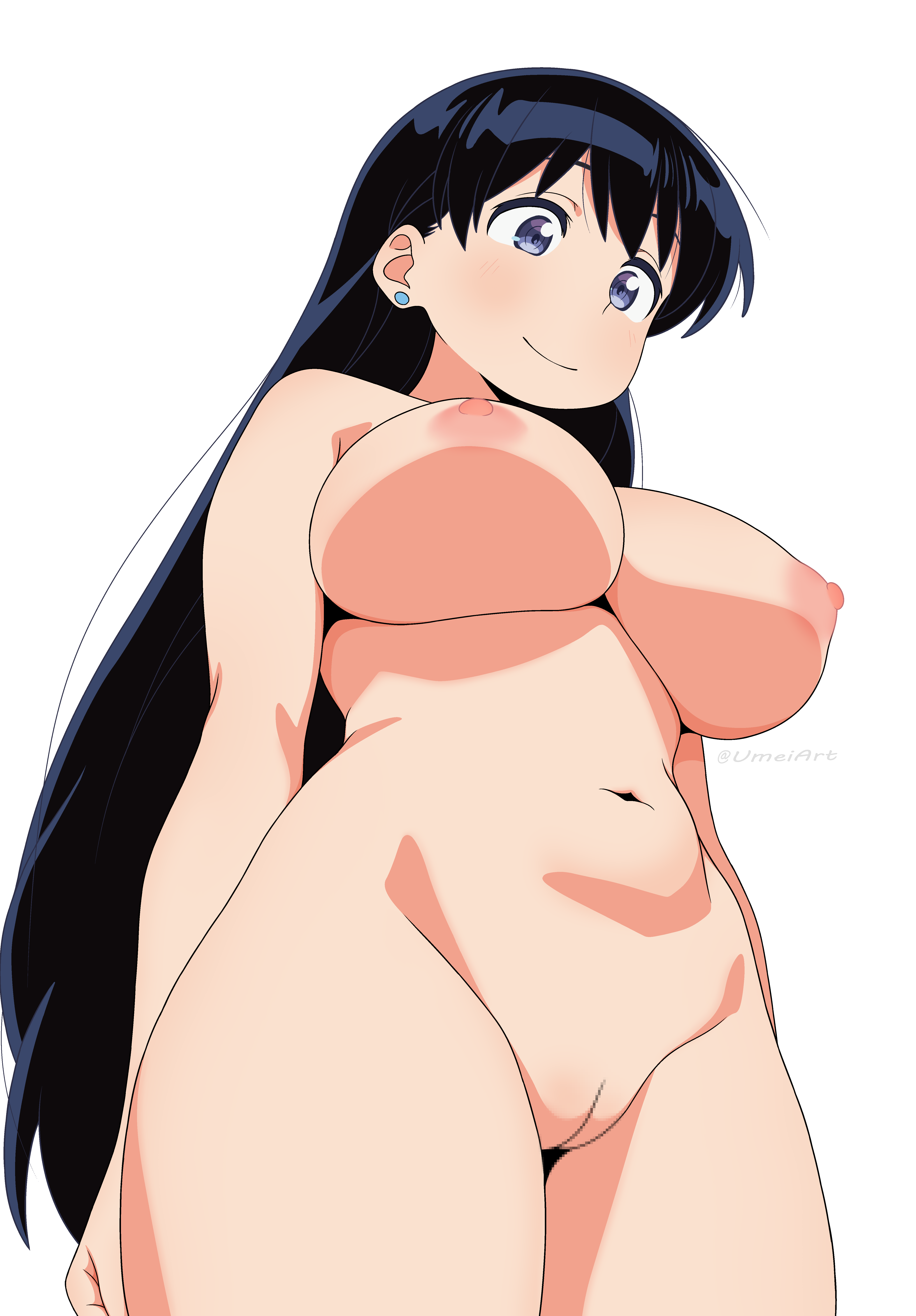 arato nagi, arms at sides, blush, breasts, closed mouth, completely nude, female, huge breasts, looking down, nude, pussy, ruri no houseki, smile, thick thighs, umeiart, wide hips