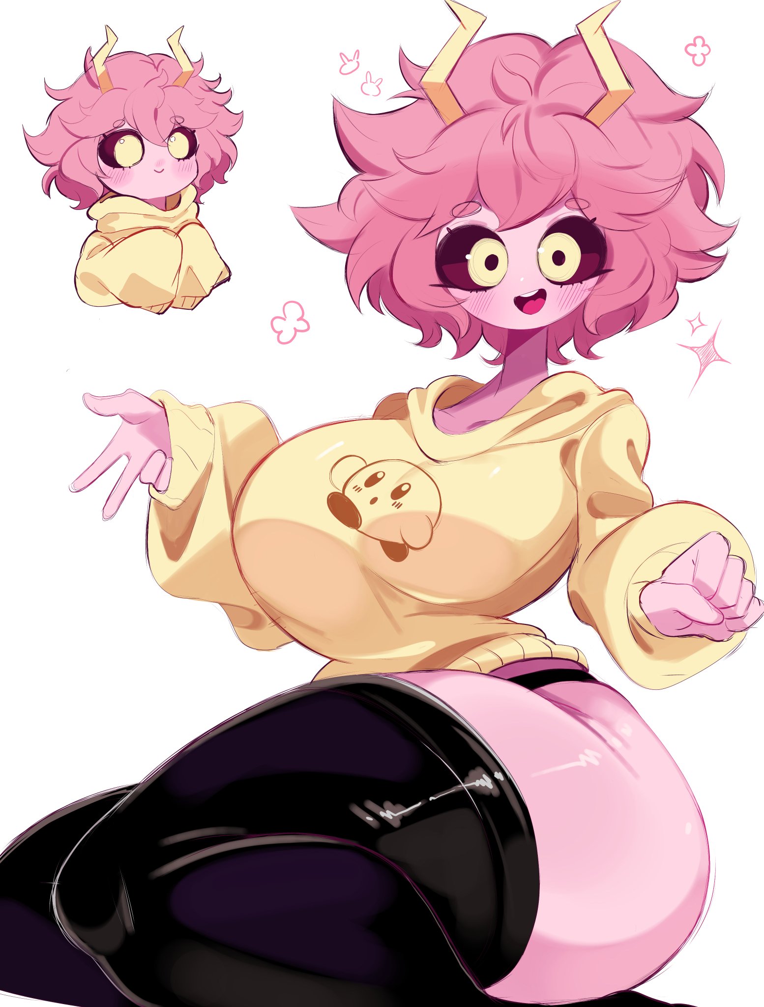 horns, kirby (series), mina ashido, my hero academia, pink hair, pink skin, reinsleif, rox hoxten, sweater, teenager, thighhighs