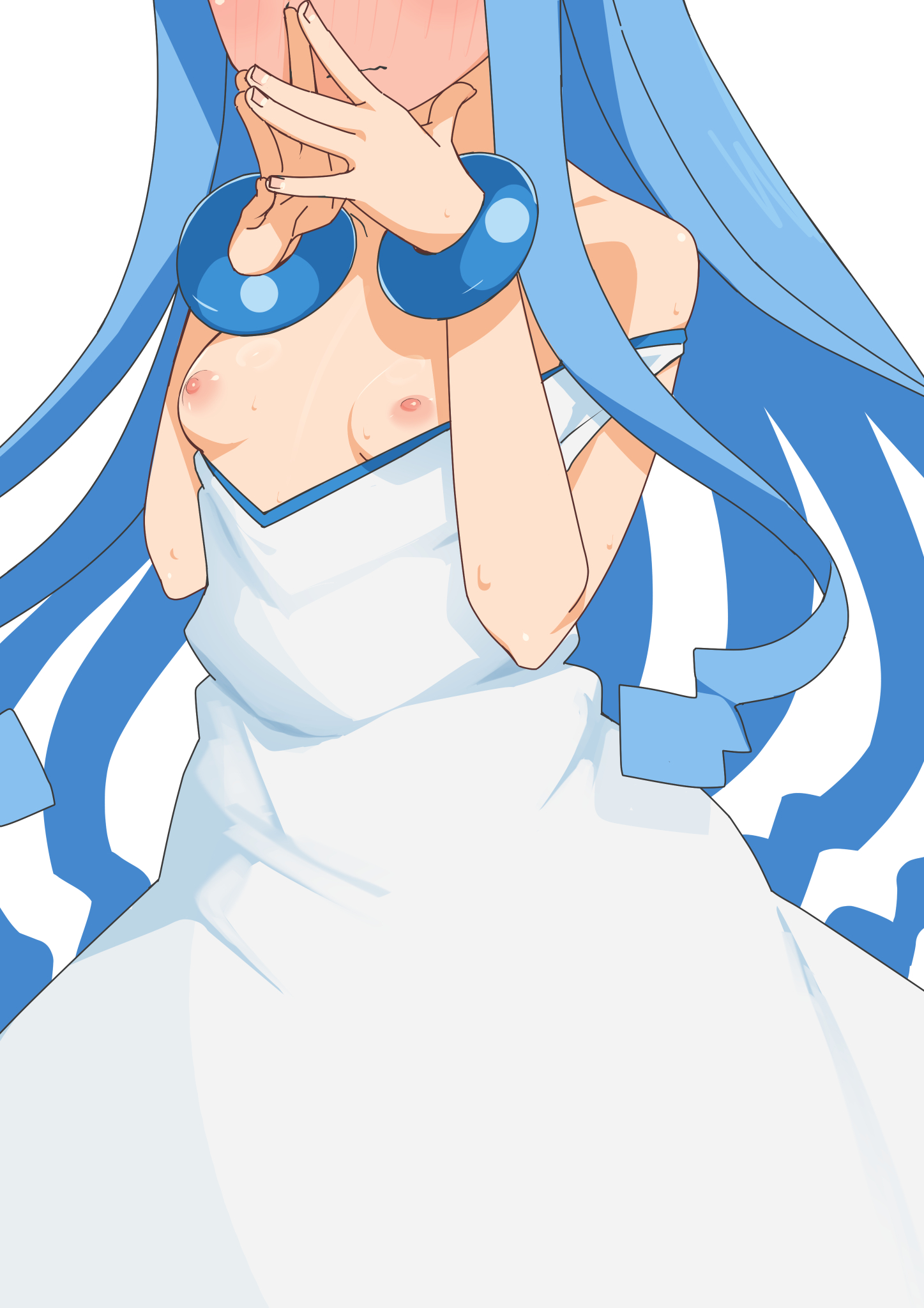 blue hair, blush, breasts, closed mouth, clothes pull, dress, dress pull, eyes out of frame, female, hands up, head out of frame, highres, ikamusume, long hair, morisobo, nipples, shinryaku! ikamusume, simple background, sleeveless, sleeveless dress, small breasts, solo, standing, very long hair, white background, white dress