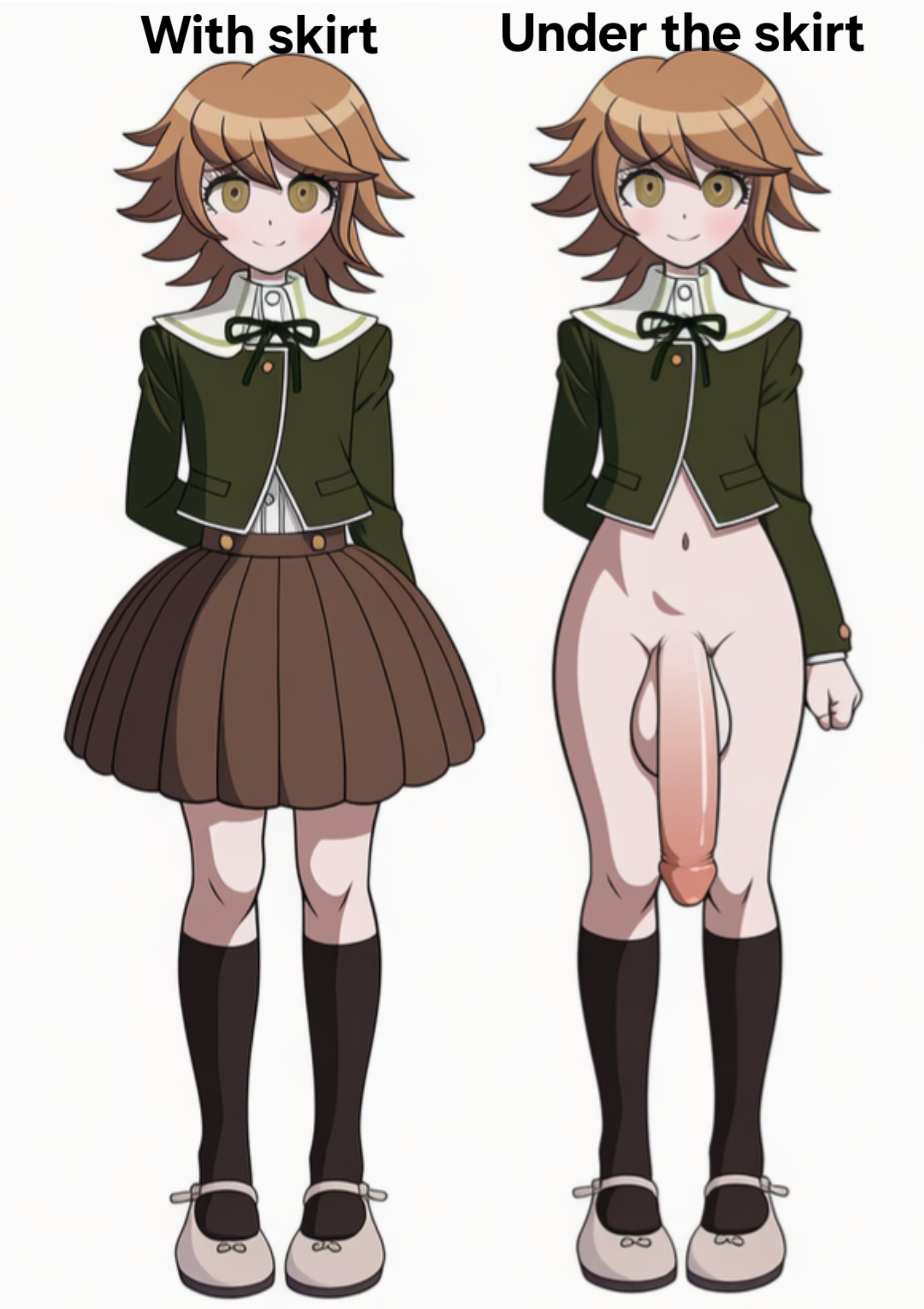 1boy, 1femboy, absurd res, absurdres, ai generated, balls, big balls, big cock, big dick, big penis, black socks, blush, bottomless, brown hair, brown skirt, danganronpa, danganronpa: trigger happy havoc, female, femboy, flaccid, flaccid penis, fujisaki chihiro, fully clothed, green eyes, green shirt, huge balls, huge cock, hung, hung femboy, hung trap, large balls, large cock, large dick, large penis, male, novelai, penis, penis out, penis to the knees, small but hung, smaller male, smile, smiling at viewer, stable diffusion, white shoes