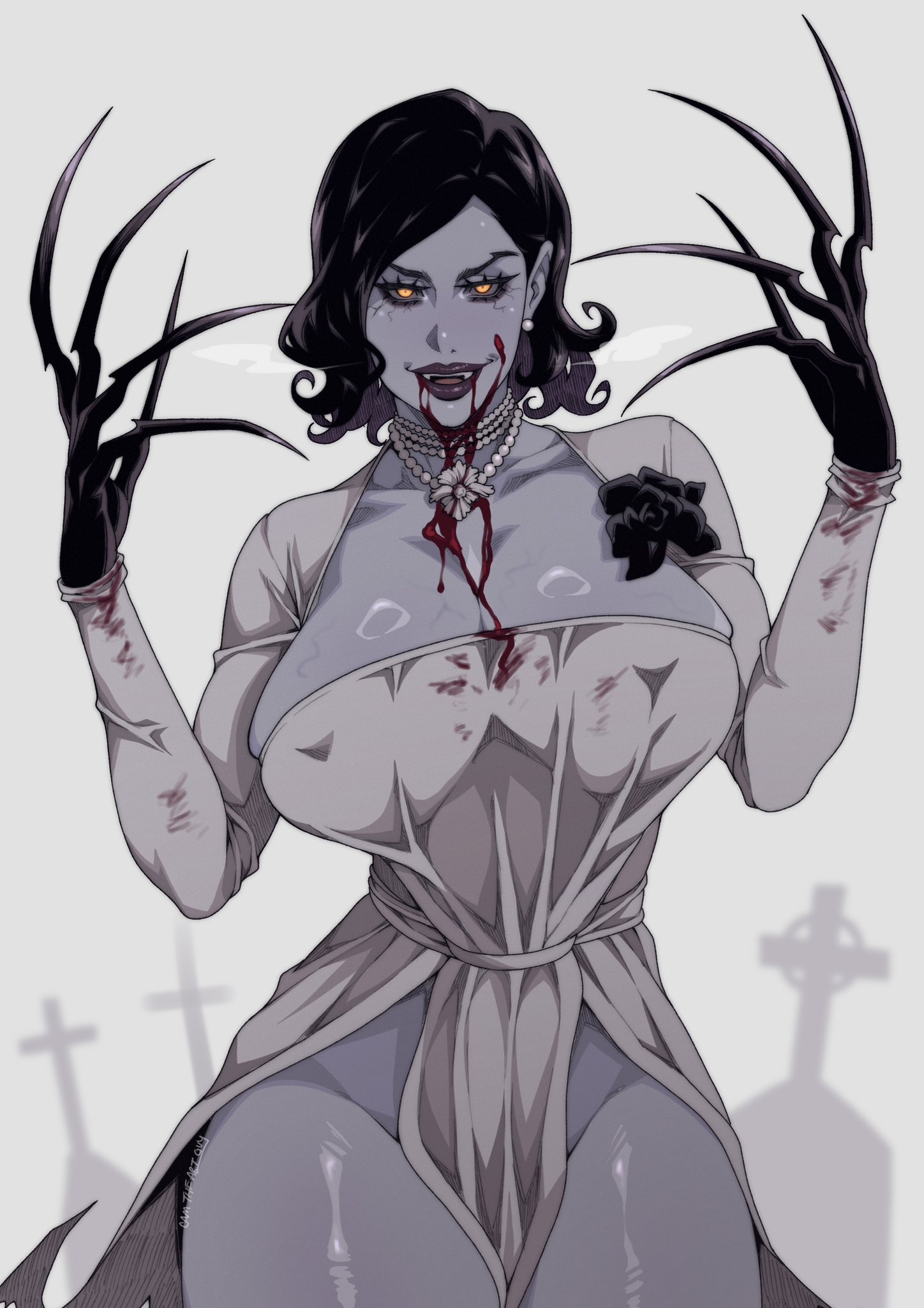 1girls, alcina dimitrescu, blood, breasts, camtheartguy, claws, cleavage, female, female focus, female only, large breasts, looking at viewer, resident evil, resident evil 8: village, solo, thick thighs, thighs, vein, veins, veiny breasts, wide hips