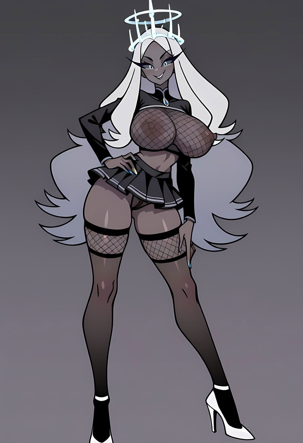 ai art, ai generated, angel, big breasts, breasts, female, fishnets, goth, hazbin hotel, miniskirt, prostitute, prostitute clothes, see-through clothing, see-through shirt, sera (hazbin hotel)