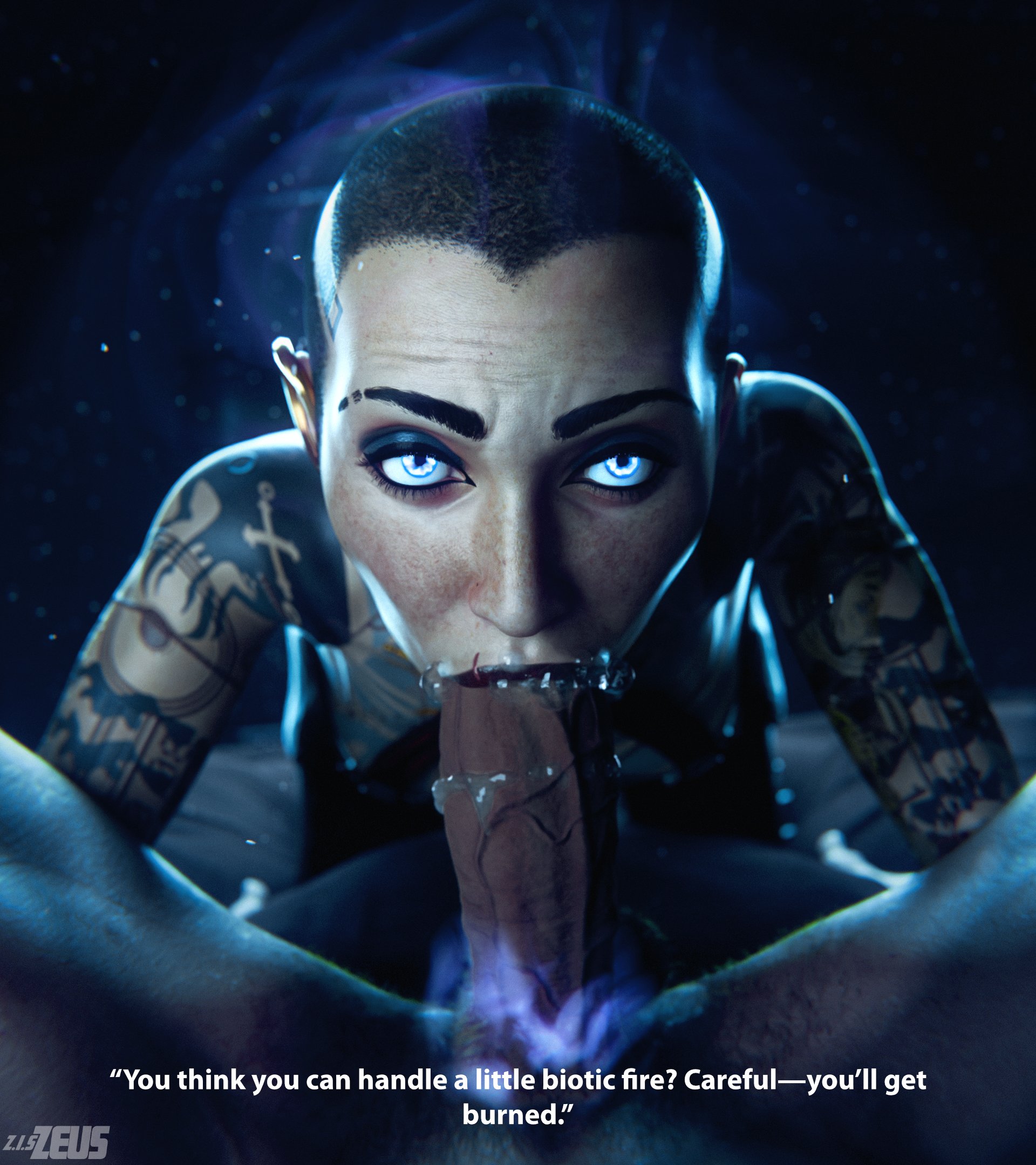 1boy, 1girls, 3d, bald, bald female, bioware, blue eyes, dialogue, erection, fellatio, female, glowing eyes, jack (mass effect), male, mass effect, oral, oral sex, penis, shaved head, short hair, tattoo, text, very short hair, zis2nsfw