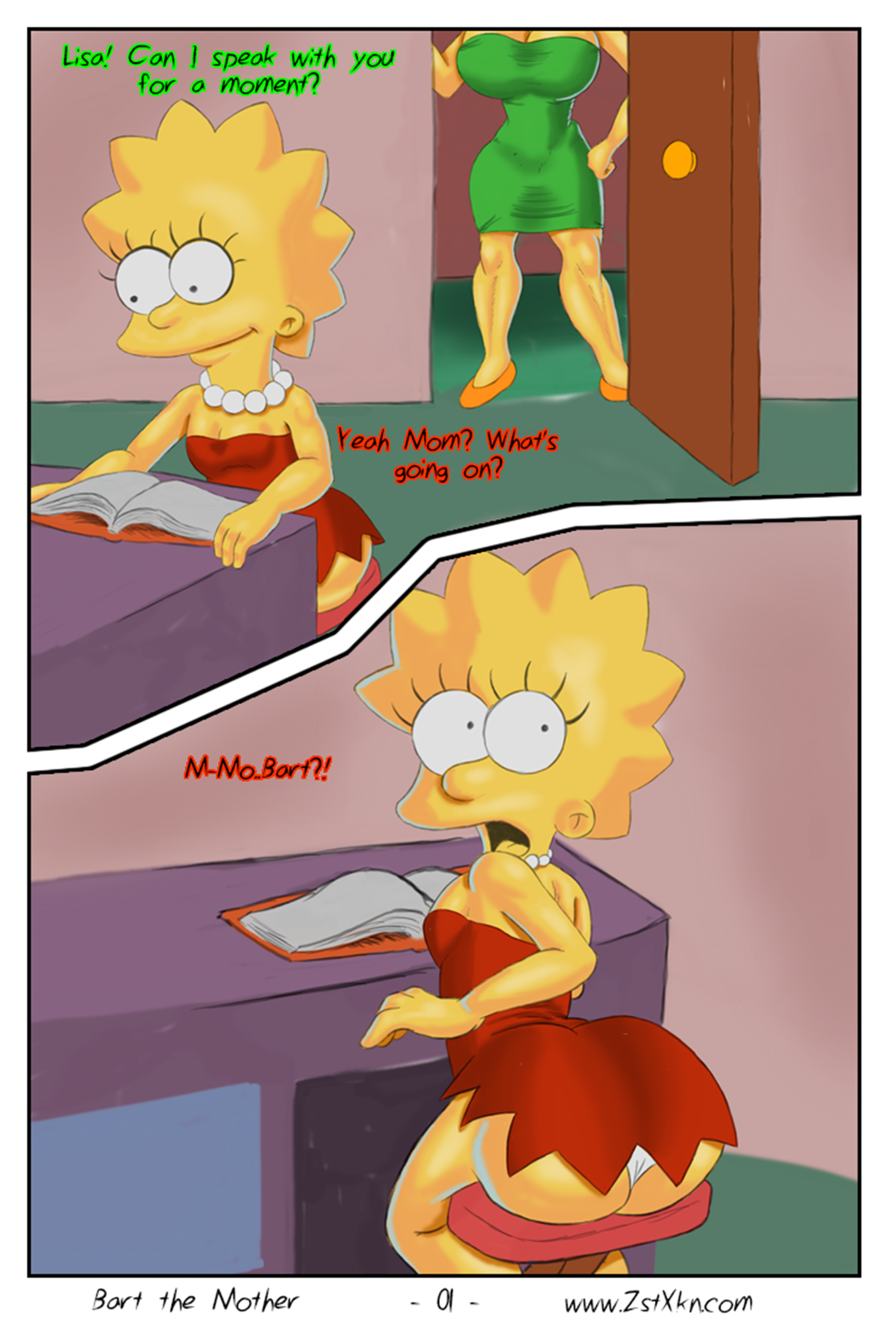 bart simpson, big ass, big ass (male), big butt, big butt (male), butt, clothed, clothing, comic, dialogue, doorway, english text, female, fully clothed, fully clothed female, genderswap, lisa simpson, male, mother, necklace, obscured face, panties, pearl necklace, room, speech, text, the simpsons, young, younger female, zst xkn