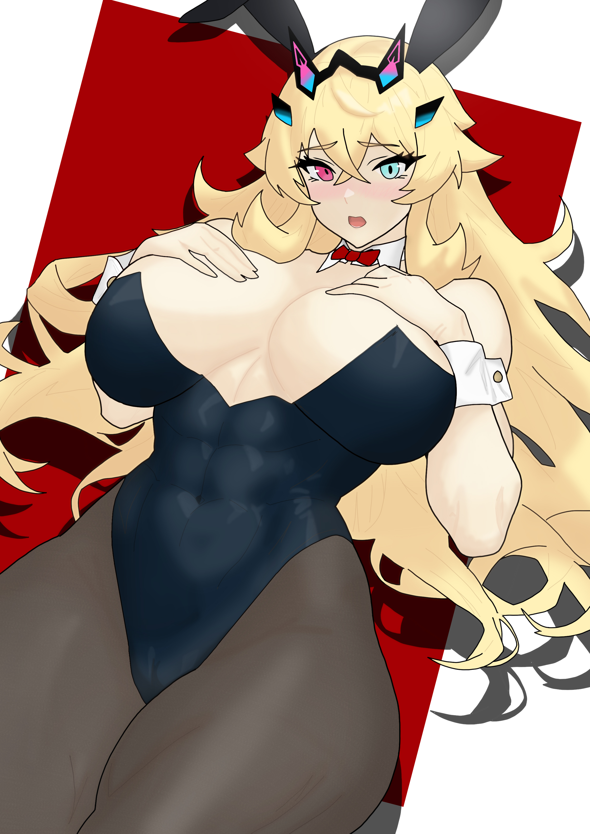 1girls, abs, alternate version available, barghest (gawain) (fate), big breasts, black bunnysuit, blonde hair, blue eyes, blush, breasts, bunny ears, bunnysuit, cameltoe, fake animal ears, fate (series), female, female only, hair, heterochromia, huge breasts, leggings, legwear, long hair, muscular, muscular female, pink eyes, solo, solo female, yom4 e