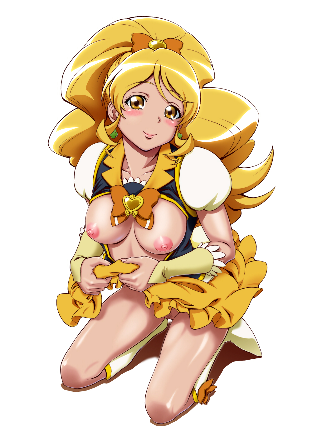 blonde_hair blush boots bow breasts clothing cure_honey earrings eyelashes female hair_ornament hair_ribbon happinesscharge_precure! happy high_heels highres jewelry kijinaka_mahiro knee_boots kneehighs kneeling lipstick long_hair looking_at_viewer magical_girl makeup medium_breasts nipples oomori_yuuko precure pretty_cure pubic_hair puffy_sleeves ribbon simple_background skirt smile solo tagme undressing vest white_background wrist_cuffs yellow_eyes yellow_skirt