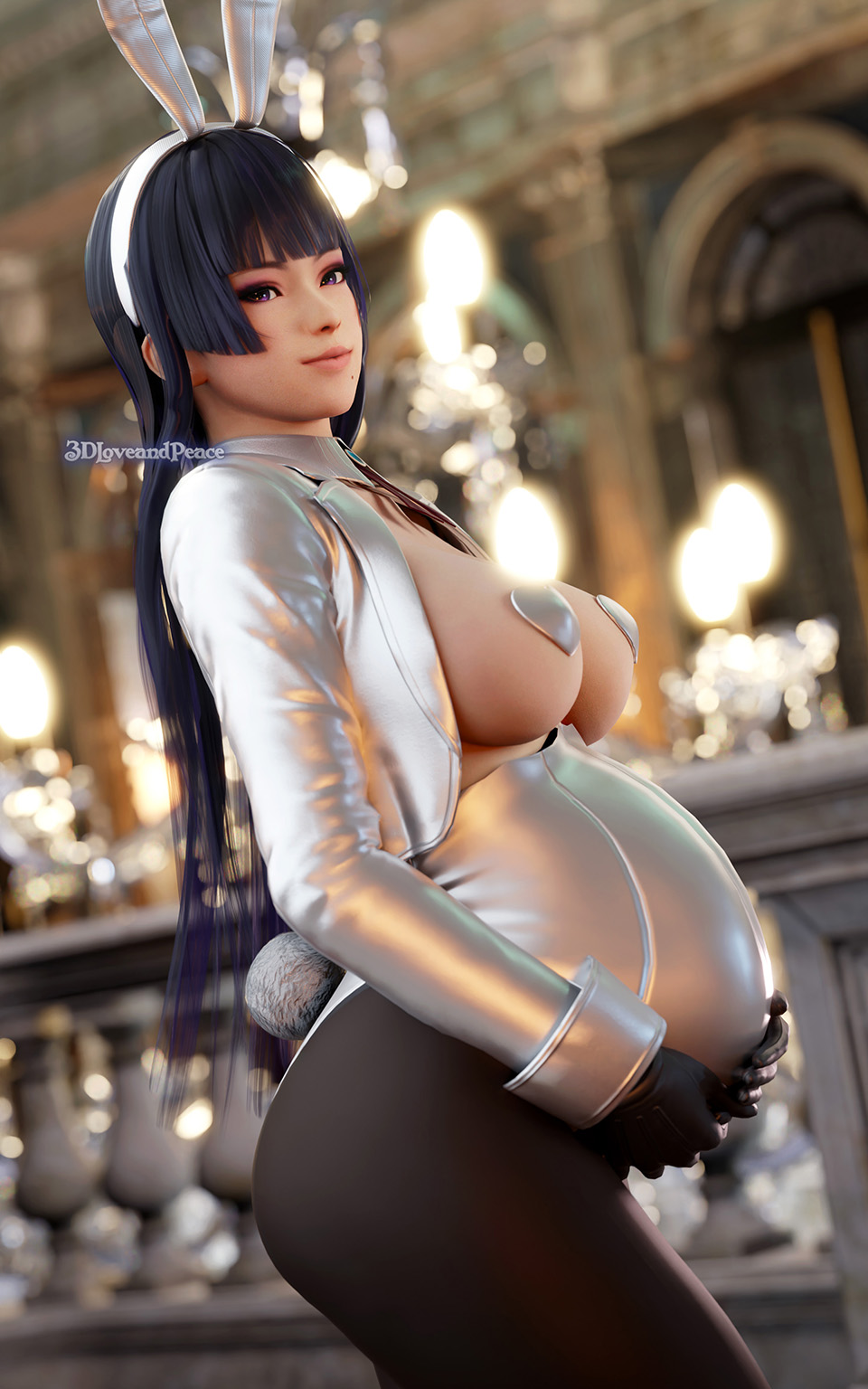 1girls, 3d, 3dloveandpeace, bangs, belly, big belly, big breasts, black hair, breasts, bunny ears, bunnysuit, dead or alive, female, female only, hand on belly, nipple bulge, nyotengu, pasties, pregnant, solo, solo female
