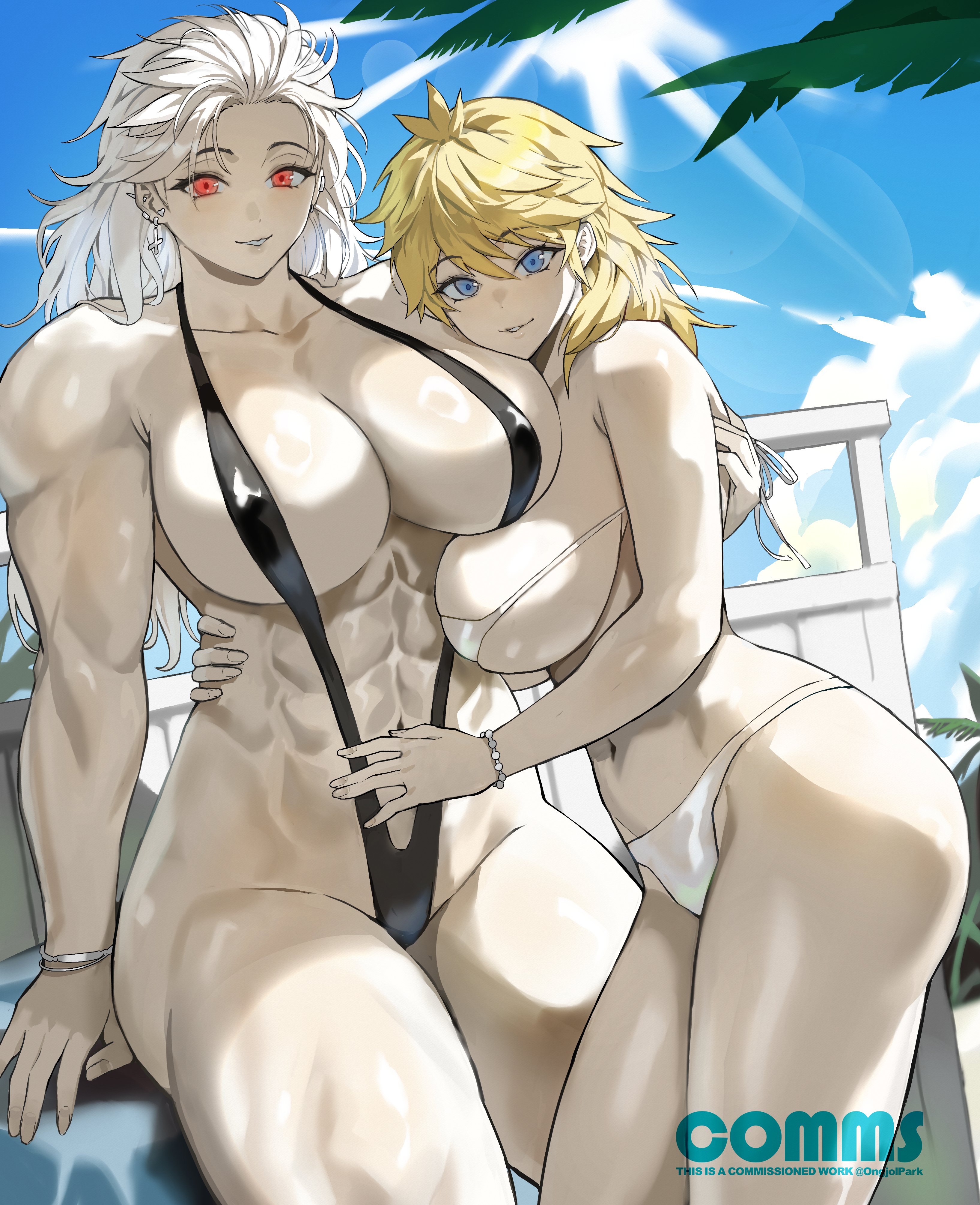 2girls, abs, absurd res, artist name, bikini, black bikini, blonde hair, blue eyes, breasts, commission, cuddling, dorohedoro, ear piercing, earrings, female, hi res, hug, huge breasts, large breasts, looking at viewer, multiple females, multiple girls, muscular, muscular female, navel, nikaidou (dorohedoro), noi (dorohedoro), ongjolpark, outdoors, piercing, red eyes, size difference, slingshot swimsuit, swimsuit, watermark, white bikini, white hair