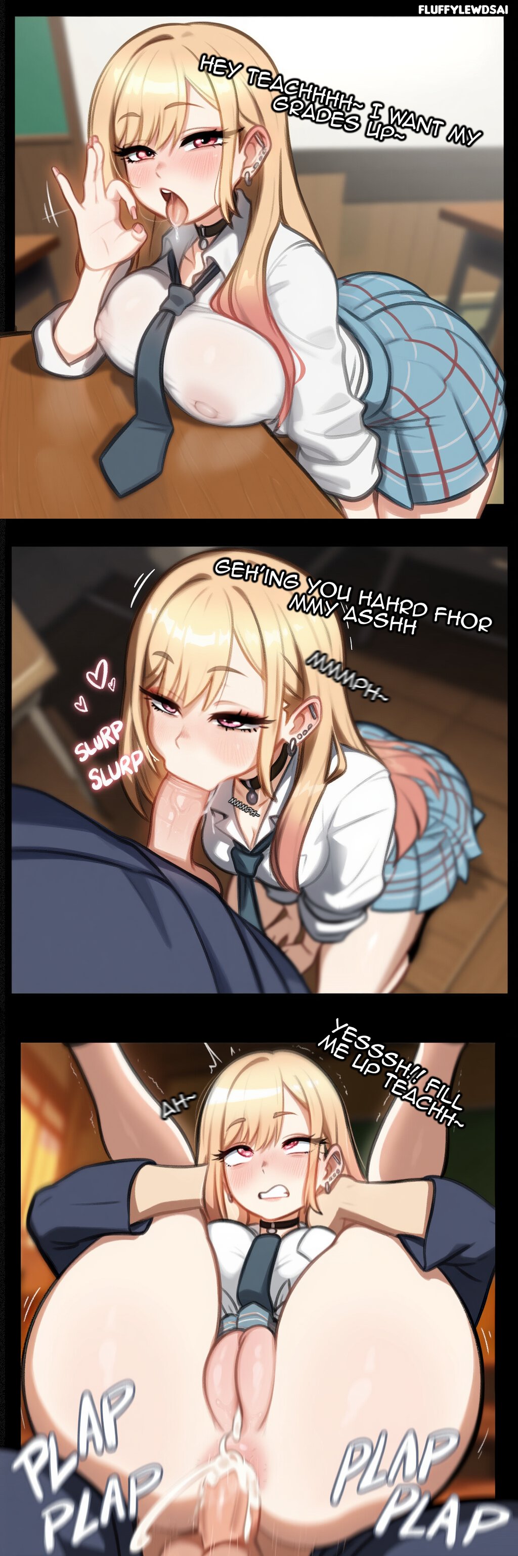 1boy, 1girls, ai generated, anal, anal sex, anus, ass, blowjob, breasts, cum, english text, female, female focus, fluffylewdsai, full nelson, kitagawa marin, large breasts, light skin, light-skinned female, looking at viewer, male, oral, oral sex, pussy, see-through, see-through clothing, skirt, sono bisque doll wa koi wo suru, text, thighs
