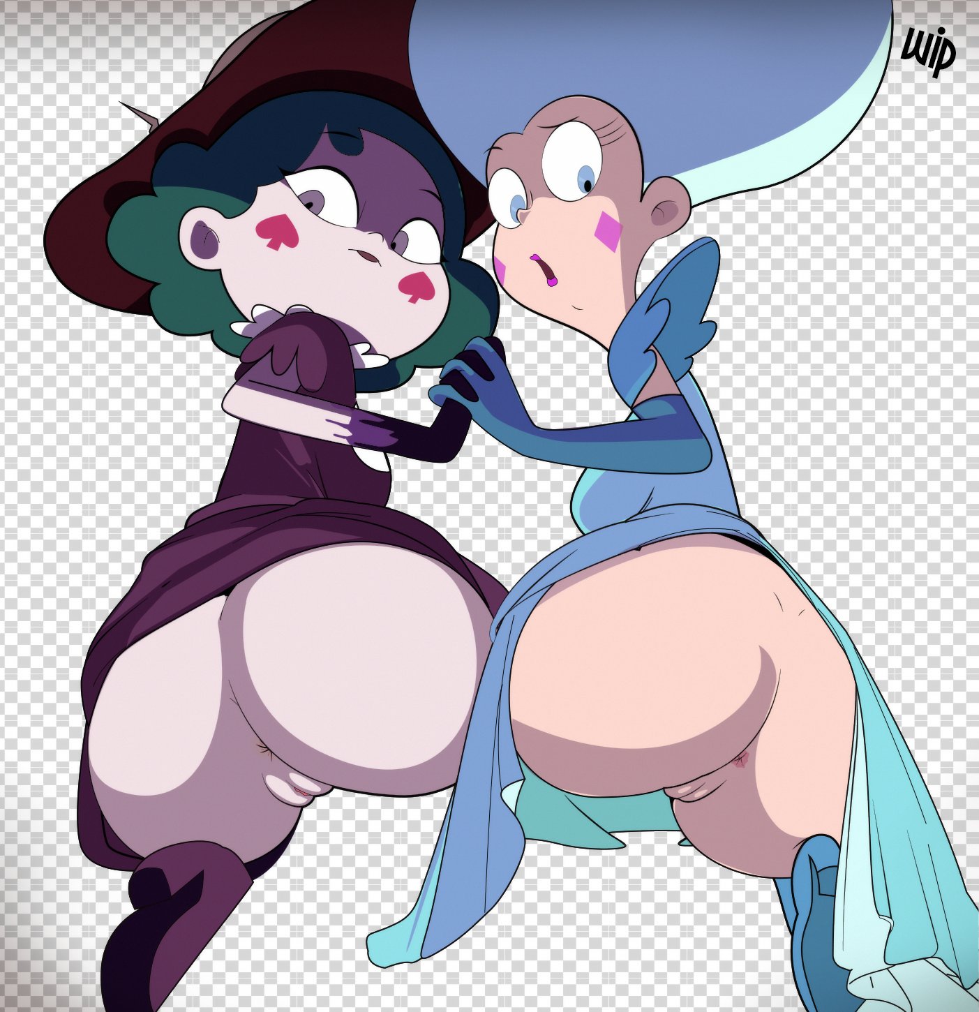 2d, 2d (artwork), 2girls, ass, ass focus, clothing, disney, eclipsa butterfly, female, gosgoz, looking at viewer, moon butterfly, showing ass, star vs the forces of evil, wip