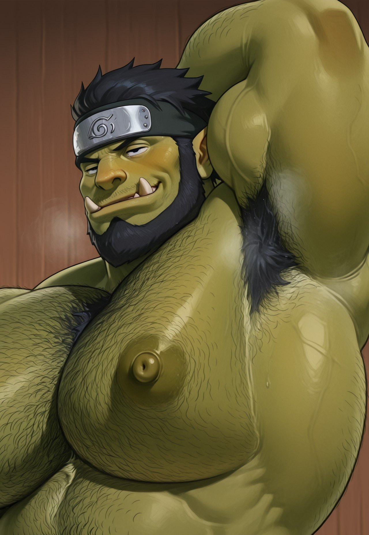 ai generated, armpits, arms behind head, arms up, asuma sarutobi, bandana, bara, bara ass, bara tiddies, bara tits, beard, biceps, big arms, big breasts, big fangs, big pecs, black hair, boar teeth, bulge, daddy, erect nipples, eyes rolling back, fangs, gay, green skin, hairy, hairy anus, hairy armpits, hairy arms, hairy chest, hairy male, himbo, horny male, huge areolae, large breasts, male, male only, manly, massive boobs, massive tits, monster, moobs, muscle worship, muscles, muscular, muscular anthro, muscular arms, muscular male, musk, musk clouds, mythological creature, naruto, naruto (series), ninja, orc, orc male, sarutobi asuma, shouder, smelly armpits, smile, sweat, tessaiisan, transformation, triceps, veiny muscles, wolf ears, yaoi