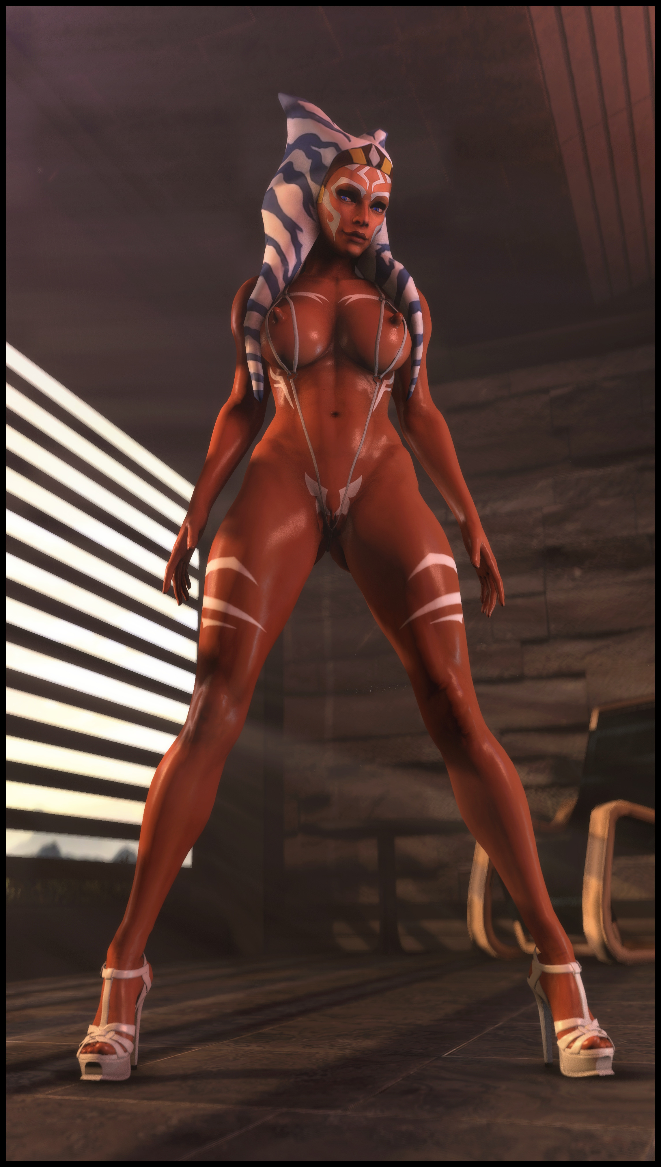 1girls, 3d, ahsoka tano, alien, breasts, effectively nude, female, female only, foab30, functionally nude, naked footwear, nipples, orange skin, pussy, solo, star wars, string bikini, togruta