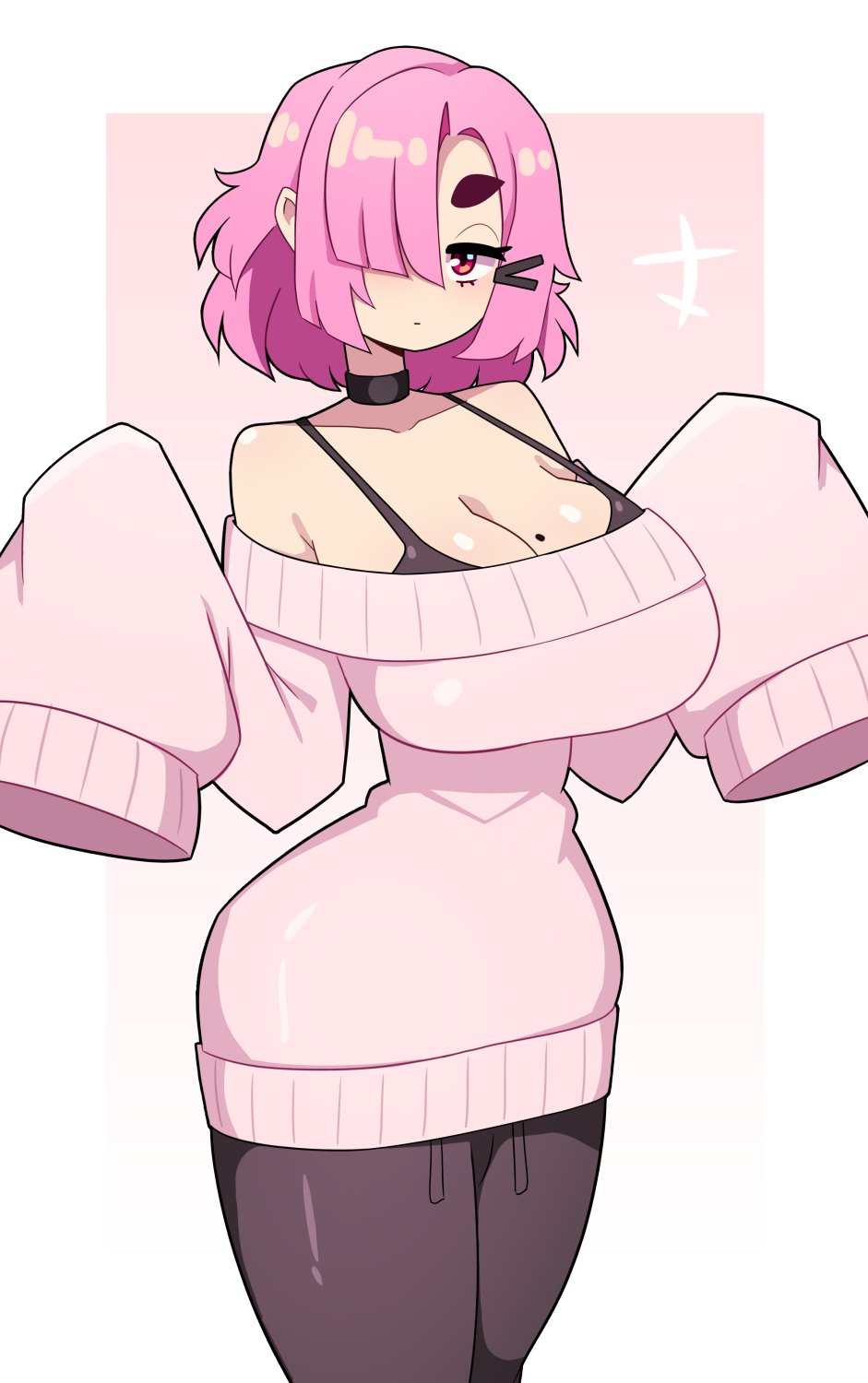 1girls, big breasts, bra, breasts, choker, cleavage, commission, female, female only, hair over one eye, hi res, j5daigada, looking at viewer, medium hair, mole, mole on breast, narrowed eyes, pink hair, red eyes, solo, sweater, thick eyebrows, thick thighs, wide hips, wide sleeves