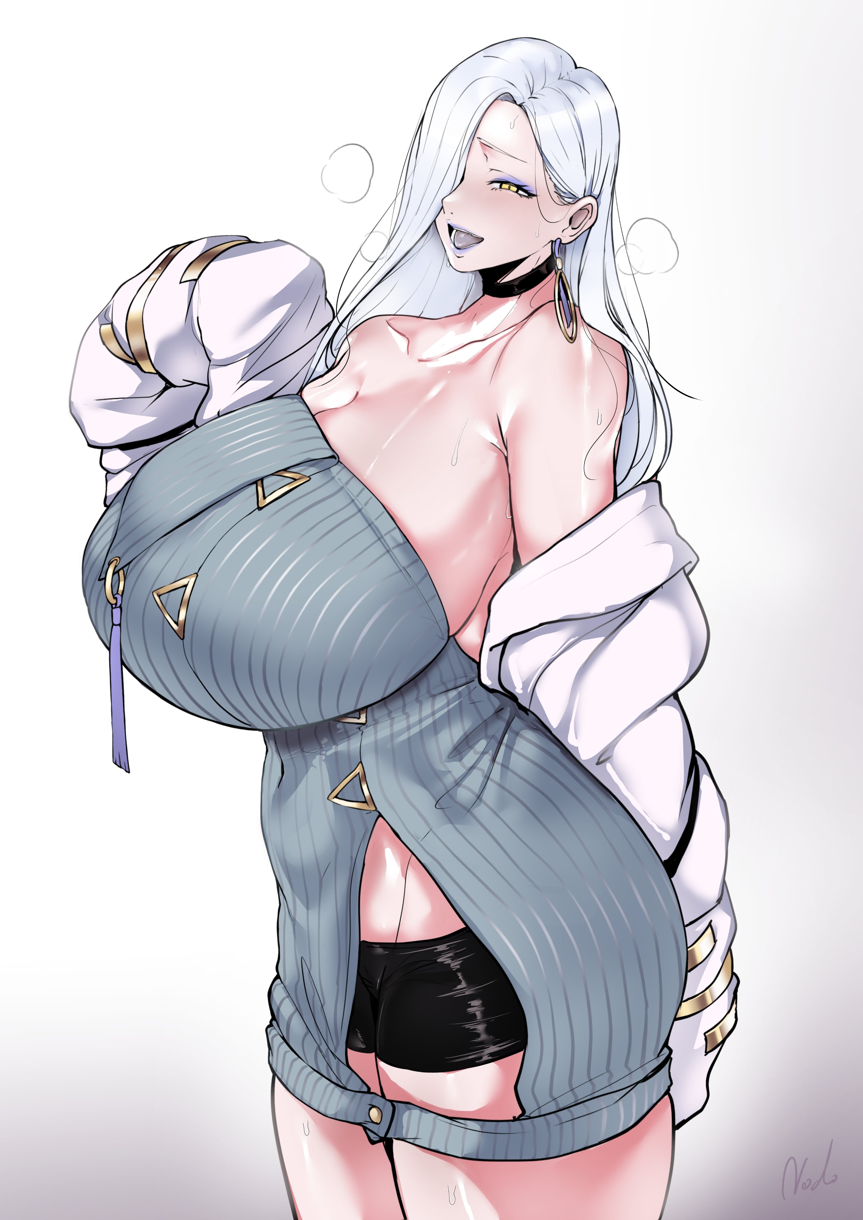 1girls, big breasts, black shorts, blue eyeshadow, blue lips, blue lipstick, breasts, coat, ear piercing, earrings, eyeshadow, fate (series), female, female only, hair, hair over one eye, hebinyobo (fate grand order), hebinyobo (second ascension), hoop earrings, huge breasts, large breasts, lips, lipstick, long hair, mature, mature female, mature woman, omi-san (fate), puzenketsu, short shorts, shorts, smile, solo, solo female, steam, steamy, steamy breath, thighs, white hair, yellow eyes