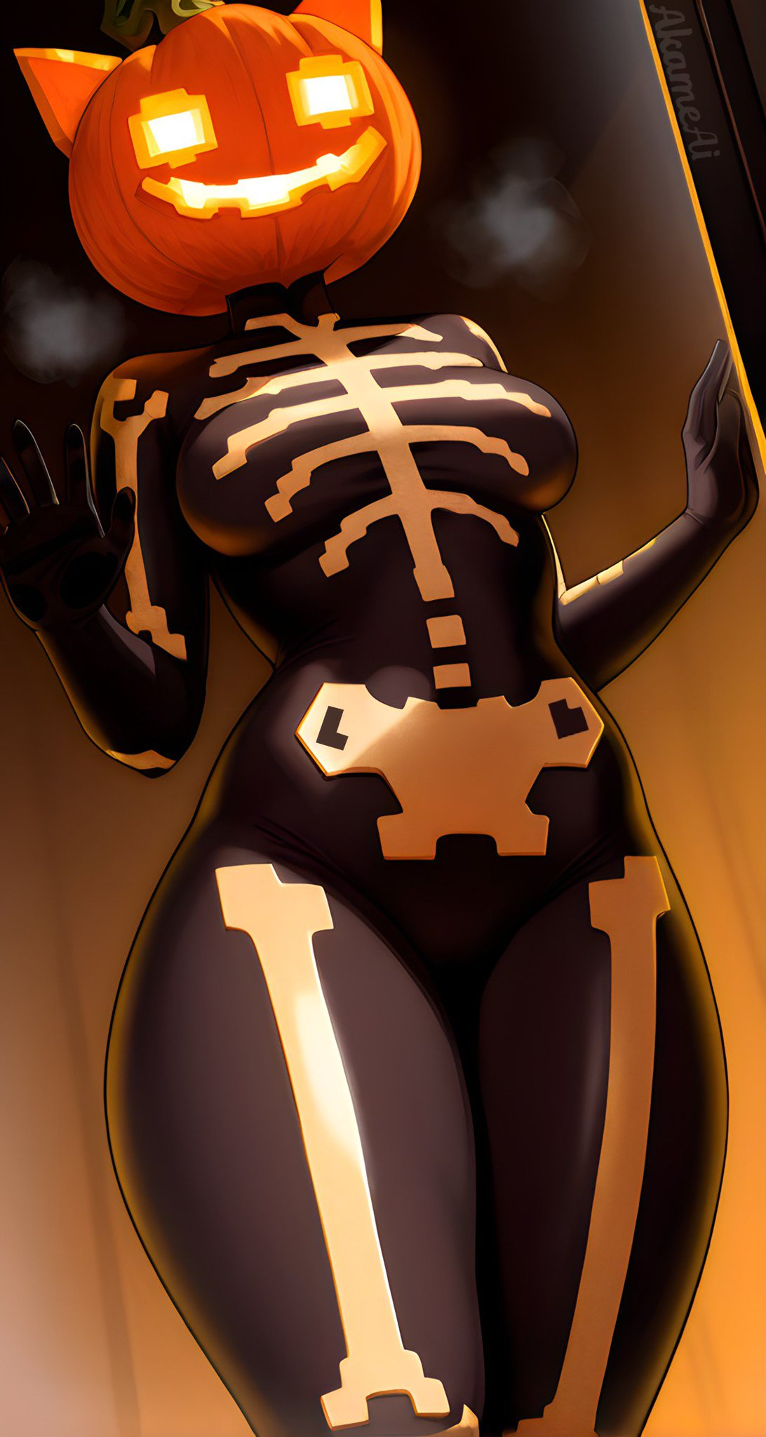1girls, 2025, 2025s, ai assisted, ai generated, akameai, anthro, anthro female, anthrofied, big breasts, black body, black skin, breasts, cat, cat ears, cat girl, cat humanoid, cat tail, catgirl, domestic cat, epic games, felid, feline, felis, female, female anthro, female focus, female only, fortnite, fortnite: battle royale, fortnitemares, furry, furry female, glowing eyes, halloween, halloween 2025, heavy breathing, high quality, high resolution, highres, holidays, illustrious (stable diffusion), mammal, orange ears, orange eyes, orange head, pony diffusion (model), pony diffusion xl, pumkin, pumpkin, pumpkin head, scary smile, skeleton (marking), skeleton costume, skeleton markings, smile, smiling, smiling at viewer, solo, solo female, solo focus, spice (fortnite), spooky, stable diffusion, standing, tail, thick thighs, thighs, video games, wide hips