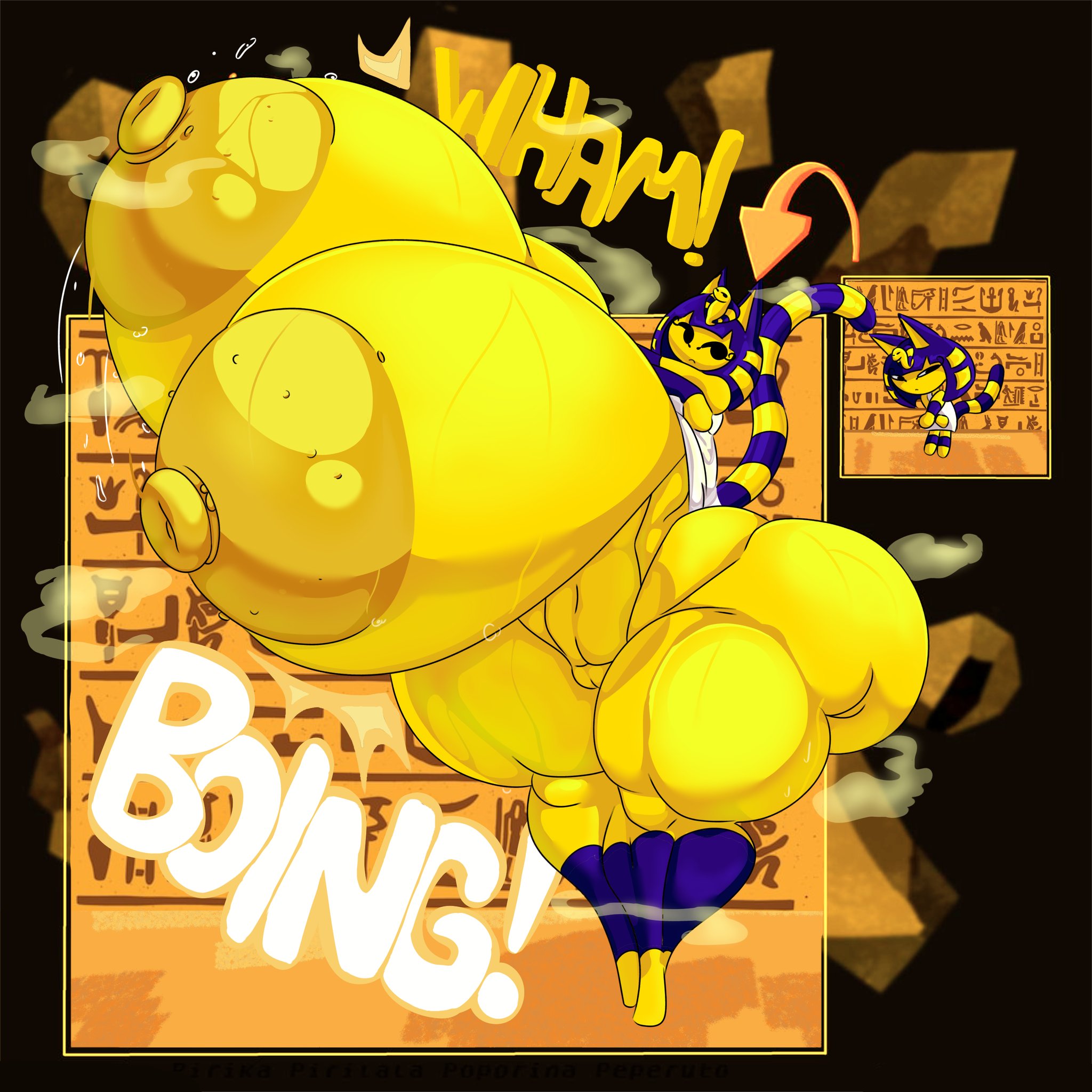 animal crossing, ankha, ankha (animal crossing), anthro, areola, ass, big areola, big breasts, big butt, big nipples, black eyes, blue hair, breasts, clothing, domestic cat, dress, english text, exclamation point, felid, feline, felis, female, genitals, hair, hammerspace, hi res, hidden buxom, huge areola, huge breasts, huge butt, huge hips, huge nipples, huge thighs, hyper, hyper breasts, hyper butt, hyper hips, hyper thighs, hyraqwq, looking at viewer, mammal, markings, nintendo, nipples, nude, onomatopoeia, pussy, solo, sound effects, striped markings, striped tail, stripes, tail, tail markings, tasteofchoklit (edit), text, thick thighs, third-party edit, undressing, vulva, wide hips, yellow areola, yellow body, yellow nipples