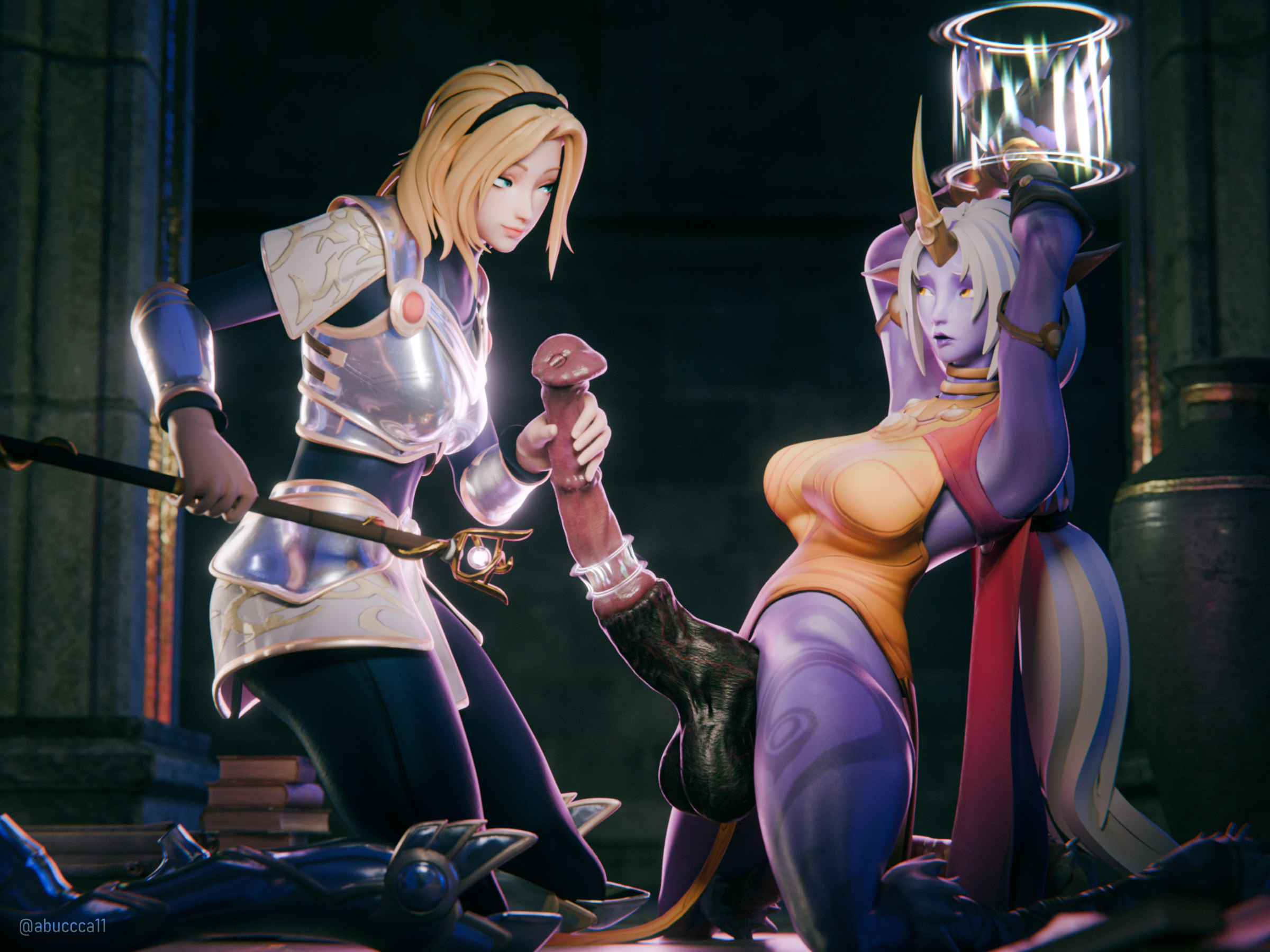 2girls, 3d, 3d (artwork), abuka11, animal genitalia on humanoid, animal penis on humanoid, armor, big penis, blue eyes, brown hair, clothing, dickgirl, female, futanari, holding penis, horsecock, horsecock on humanoid, intersex, league of legends, luxanna crownguard, penis, purple skin, riot games, soraka, unicorn, white hair, yellow eyes