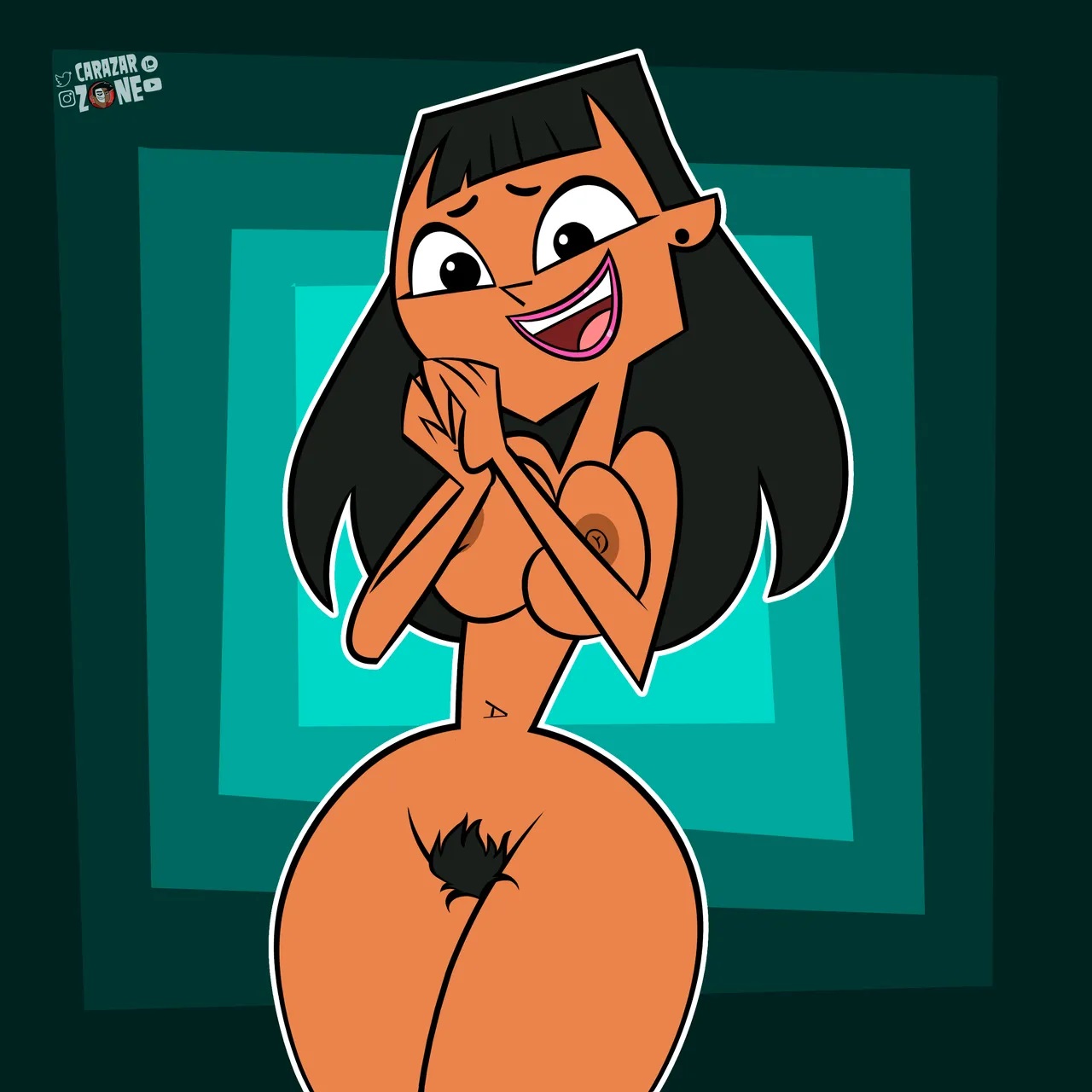 2d, areolae, busty, carazar zone, carpet matching drapes, female, female focus, female only, female pubic hair, full bush, hourglass figure, katie (tdi), navel, nipples, nude, nude female, nudity, pinup, pinup pose, pubes, pubic hair, pussy, tagme, total drama island, vagina, wide hips