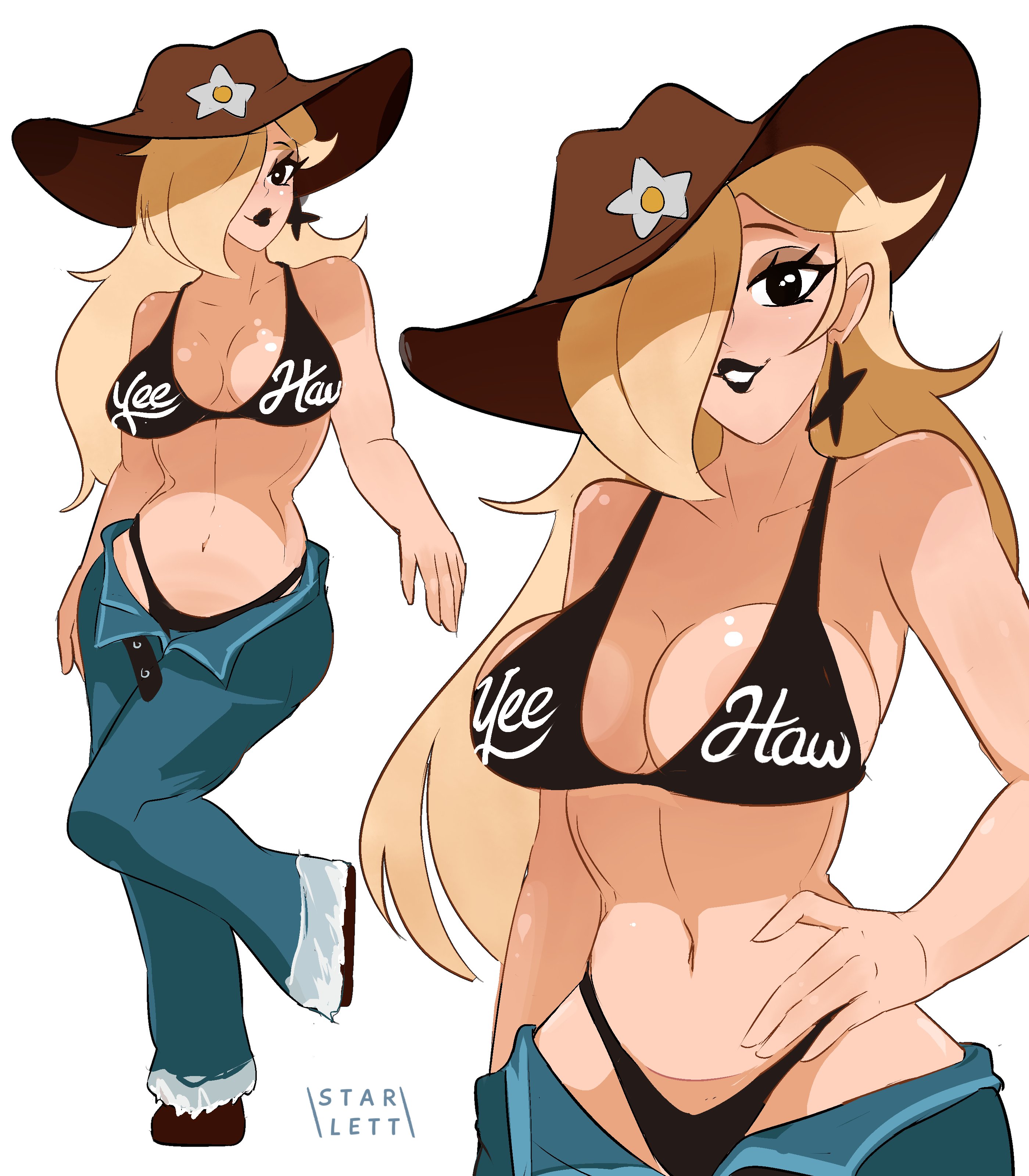 1girls, big breasts, bikini, bikini bottom, bikini top, black bikini, black eyes, black lips, black lipstick, blonde hair, blue pants, bottomwear, breasts, c starlett, cleavage, close-up, cowboy hat, ear piercing, earrings, exposed hips, female, female only, footwear, full body, hair, hair over one eye, hand on hip, hat, headwear, hip cleavage, hip cutout, hips, legs, lips, lipstick, long hair, mario (series), nintendo, pants, princess rosalina, smile, solo, solo female, star earrings, thighs, topwear, visible thong