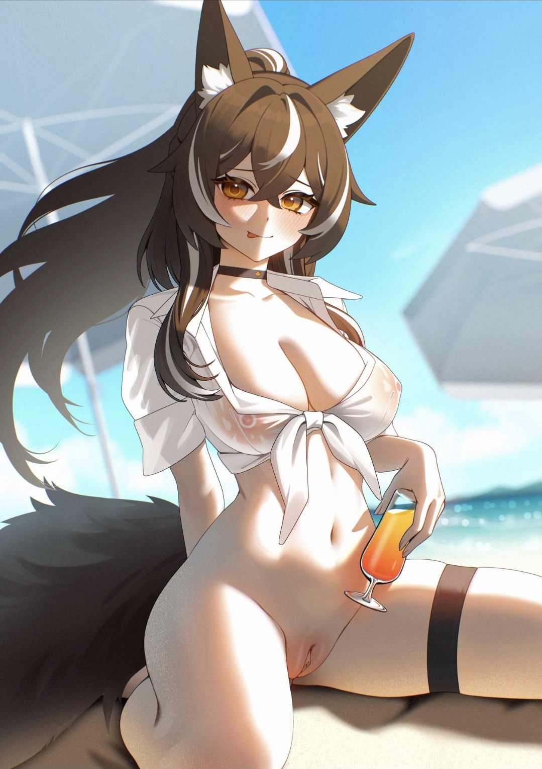 animal ears, bottomless, breasts, callisto (greyeth), ett, female, looking at viewer, navel, nipples, original character, pussy, see-through clothing, uncensored, vagina