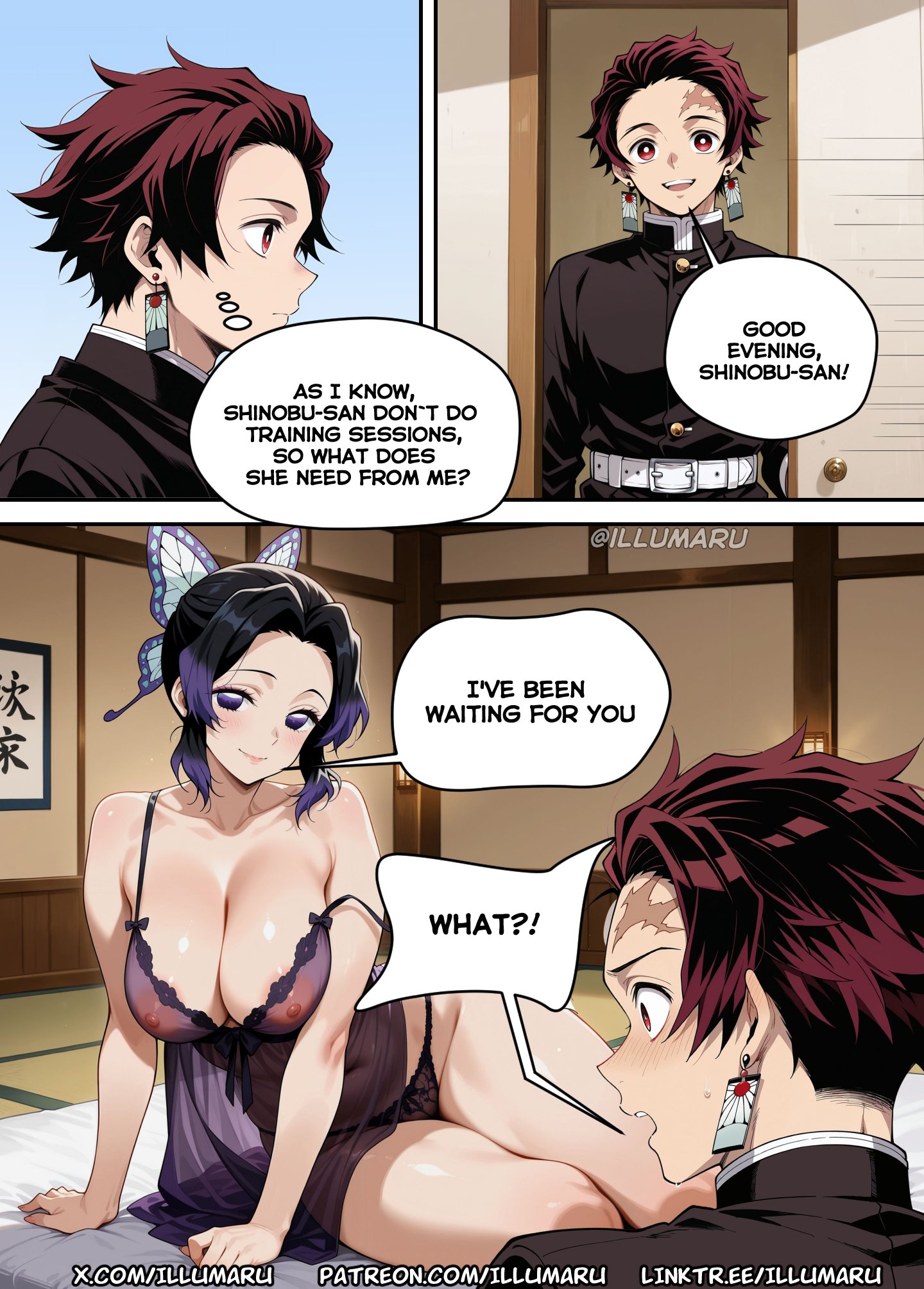 1girls, 2025, abs, ai assisted, ai generated, ass, breasts, cleavage, clothed, clothing, colored, comic, comic page, curvaceous, curvy, curvy body, curvy female, curvy figure, demon slayer, detailed, doujinshi, english text, female, hi res, illumaru, kamado tanjirou, kanroji mitsuri, kimetsu no yaiba, kochou shinobu, large ass, large breasts, lingerie, lingerie only, manga, medium breasts, mitsuri kanroji, nightie, nipples, tanjiro kamado, text, thick thighs, voluptuous, voluptuous female, webcomic, wet body, wide hips