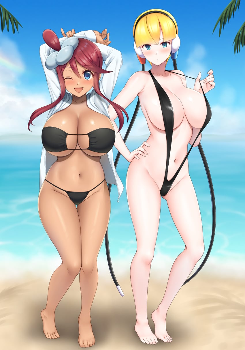 2girls, alternate breast size, beach, bikini, blush, blushing, blushing at viewer, breasts, clothed, elesa (pokemon bw), elesa (pokemon), female, female only, huge breasts, multiple girls, pokemon, posing for the viewer, showing off, skyla (pokemon), sling bikini, smile, swimsuit, swimwear, teasing, teasing viewer, winking at viewer, yue (show-ei)