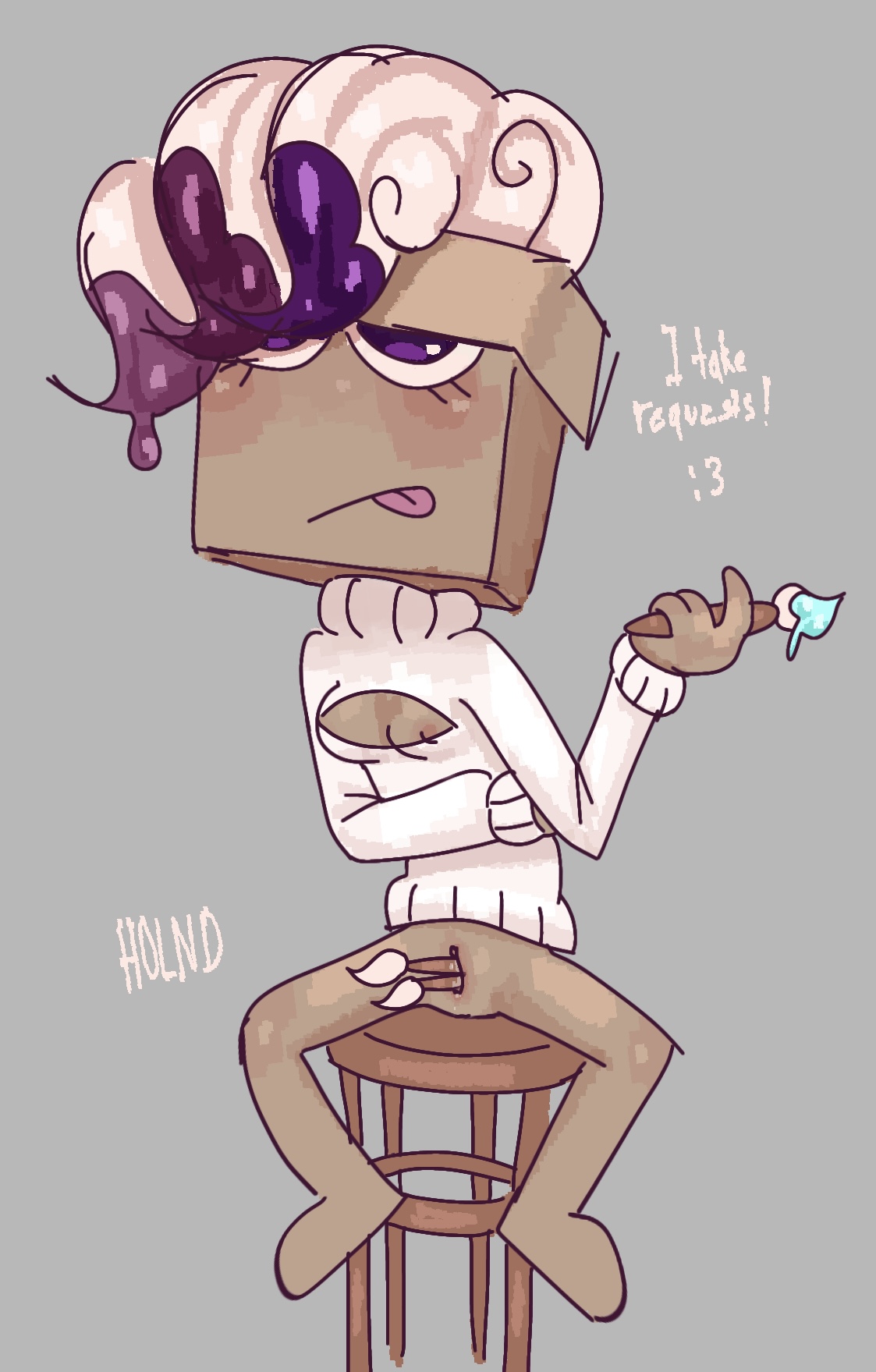 boob window, breasts, brusha (dandy's world), dandy's world, dandys world, female, holding item in pussy, holding object in pussy, holnd, nipple slip, object in pussy, object insertion, paint, paintbrush, paintbrush in pussy, paintbrush tease, painting, pussy, roblox, roblox game, sitting on stool, sweater, thinking, thinking pose, tongue out