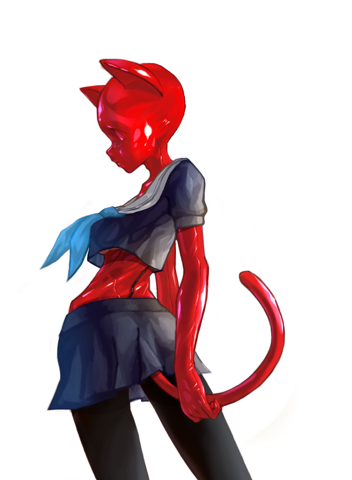 ambiguous_gender animegao black_pantyhose black_stockings blue_skirt blue_t-shirt bodysuit cat ear faceless faceless_human full_body_suit japanese_school_uniform kigurumi latex latex_tail man_tenki-zo pantyhose red_catsuit red_latex red_tail school_blue_t-shirt school_skirt school_uniform skinsuit skinsuit_bodysuit skirt stockings tail underboob zipper