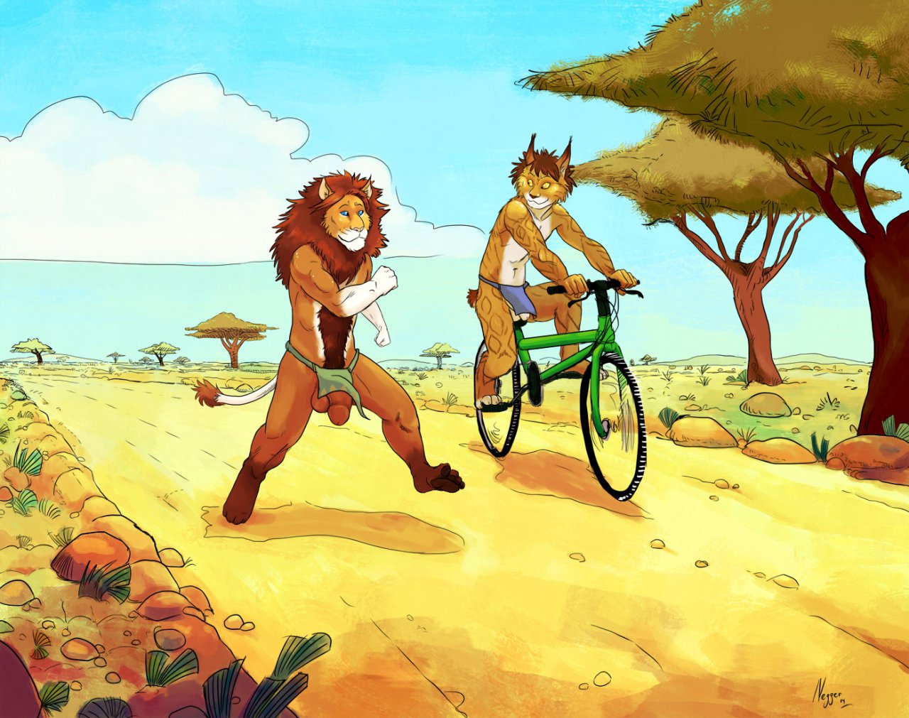 anthro balls barefoot bicycle biking blue_eyes body_hair casual clothing cloud dirt feline flaccid grass happy_trail leaf lion loincloth male male_only mammal negger path penis rock running savanna shadow sky tree vehicle yellow_eyes