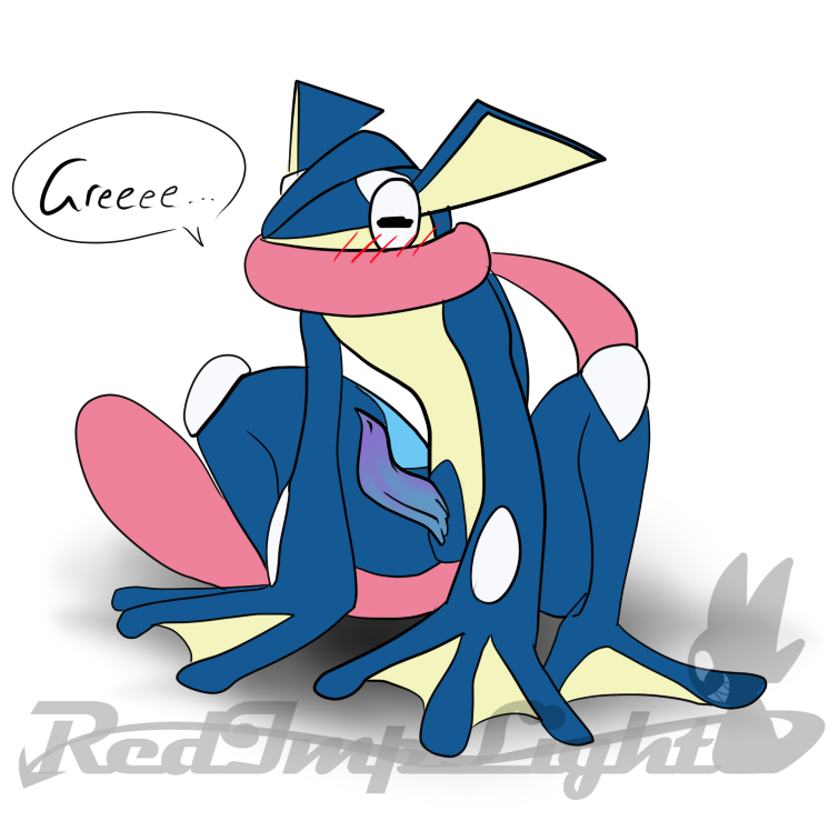 1boy blush dialog english_text greninja long_tongue male male_only nintendo penis plain_background pokemon pokemon_(species) purple_penis redimplight sitting solo text tongue tongue_out video_games watermark white_background