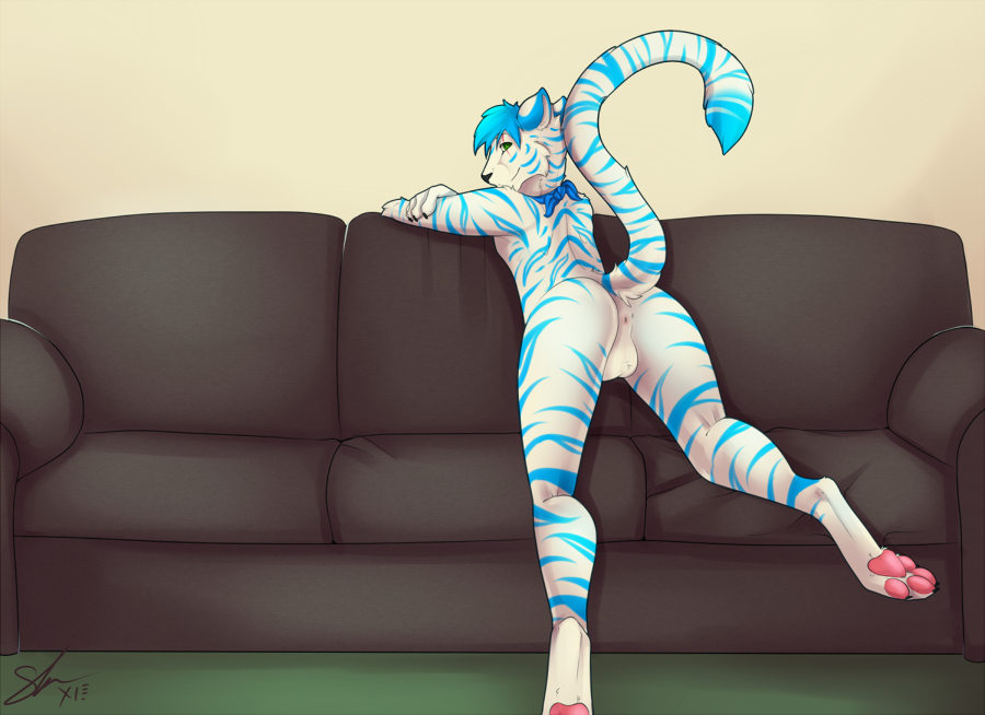 1boy anthro anus ass balls feline fur furry looking_at_viewer looking_back male male_only mammal nude pawpads paws raised_tail shariea sofa solo storm-tiger tiger white_tiger