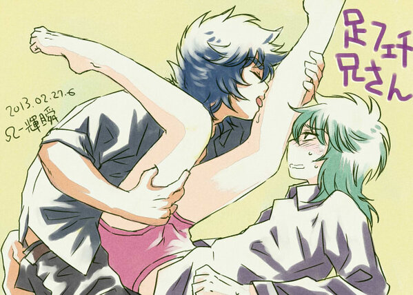 2boys androgynous andromeda_shun blue_hair brothers green_hair guilchii legs licking multiple_boys phoenix-ikki saint_seiya siblings yaoi