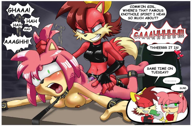 2girls, amy rose, anal, anthro, archie comics, artist request, belt collar, blush, bondage, bound, breasts, captured, captured heroine, collar, consensual, defeated, defeated heroine, domination, dungeon, explicitly stated consent, face down, female, female focus, female only, female/female, femdom, femsub, fiona fox, fox, from behind, fur, green eyes, hedgehog, held down, helpless, humiliation, leash, leash and collar, multiple females, multiple girls, nude, pink fur, punishment, pussy, red fur, restrained, sega, sex slave, sonic (series), sonic the hedgehog (archie), sonic the hedgehog (comics), sonic the hedgehog (series), spreader bar, strap-on, strap-on sex, strapon, submissive, submissive female, willing sub, wrists bound, yuri
