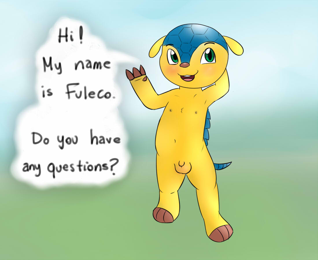 1boy 2014 anthro armadillo balls blush chibi claws cute fifa fuleco fur green_eyes looking_at_viewer male male_only mammal mascot nipples nude open_mouth penis plain_background smile solo yellow_fur young zekromlover