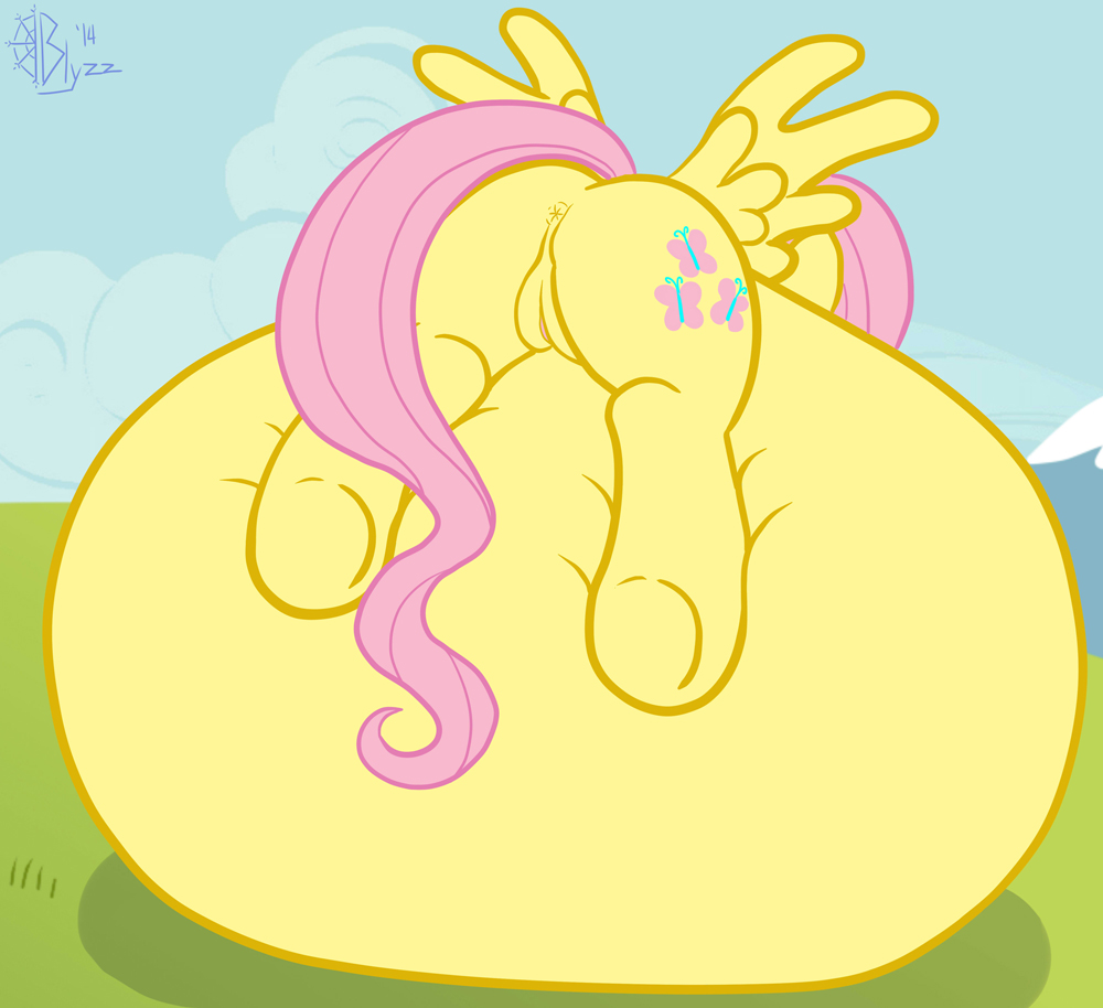 2014 anus belly belly_expansion blyzzarde cutie_mark equine female feral fluttershy_(mlp) friendship_is_magic fur horse hyper hyper_belly immobile inflation lying mammal my_little_pony on_front pegasus pony presenting pussy solo wings yellow_fur