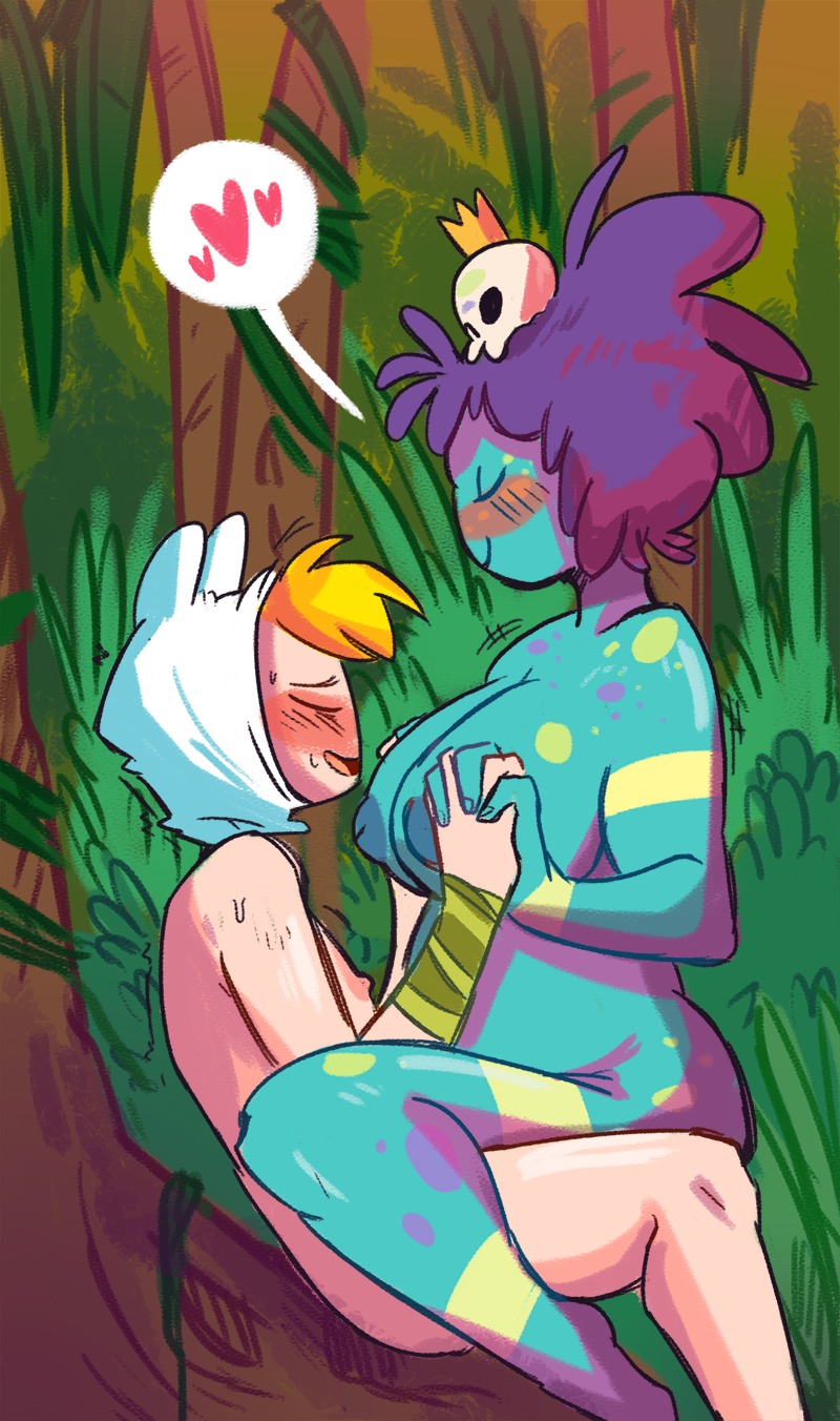 1boy 1girls adventure_time areolae blonde_hair blue_skin blush bottomless breasts chubby closed_eyes completely_nude crown dead_source female finn_the_human green_skin hair_up hand_holding happy happy_sex hat heart holding_hands humanoid interlocked_fingers jungle jungle_princess large_breasts light-skinned_male looking_pleasured male messy_hair motion_lines nipples no_bra no_panties nude open_mouth open_smile outdoors pleasure_face plump princess puffy_nipples purple_hair riding royalty sex side_view sideboob sitting skull slightly_chubby smile speech_bubble spoken_heart spread_legs straddling straight sweat sweatdrop tattoo tattoos topless tribal western_art white_skin