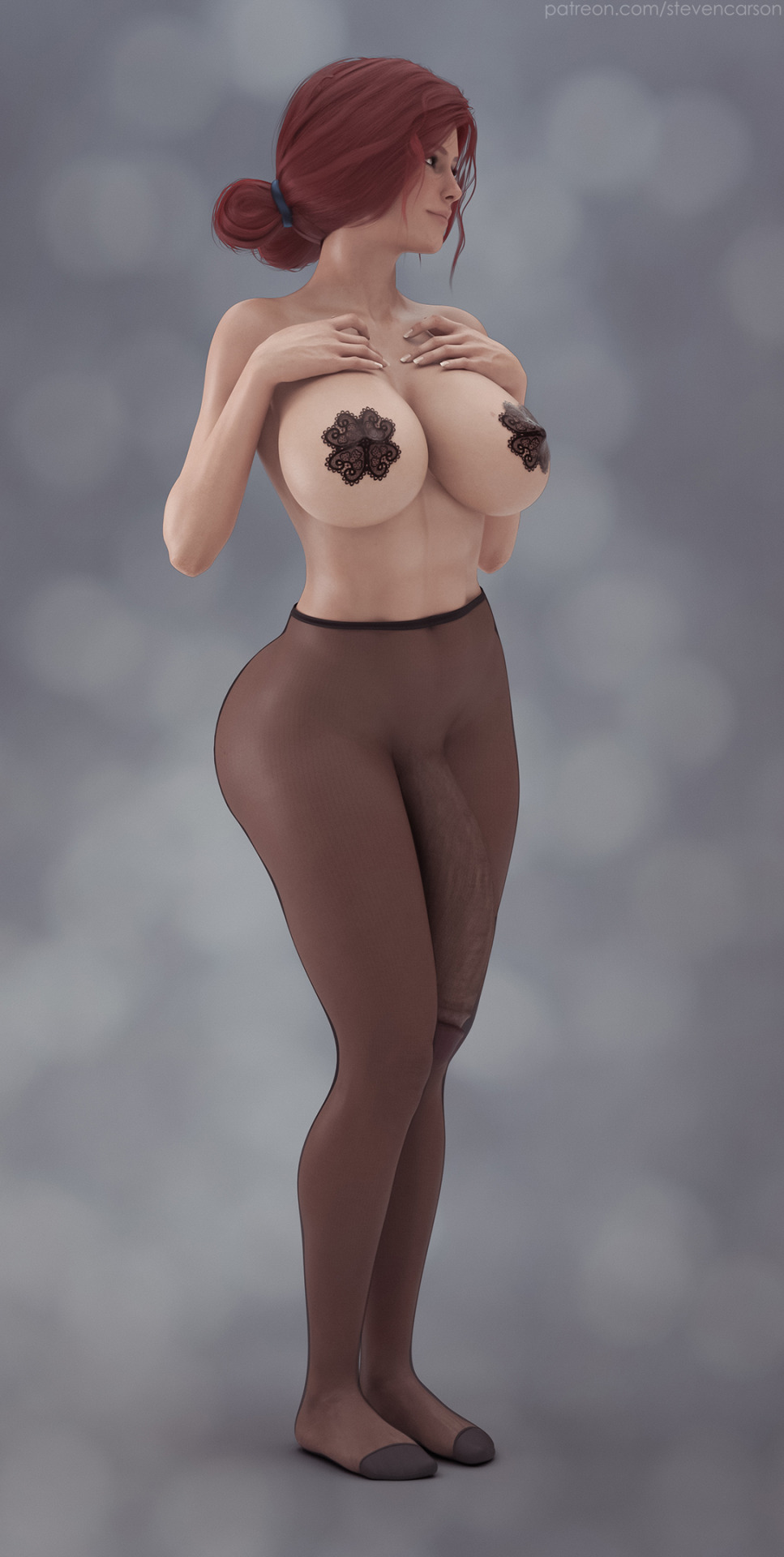 1futa, 3d, balls, balls under clothes, breasts, bulge, cameltail, cd projekt red, cleavage, cock sleeve (clothes), curvy, erect nipples, flaccid, futa only, futanari, huge breasts, hyper, hyper penis, intersex, nipple bulge, nipples, no panties, pantyhose, pasties, penis, penis bulge, penis under clothes, realistic, red hair, solo, solo futa, stevencarson, the witcher (series), the witcher 3: wild hunt, triss merigold, wide hips