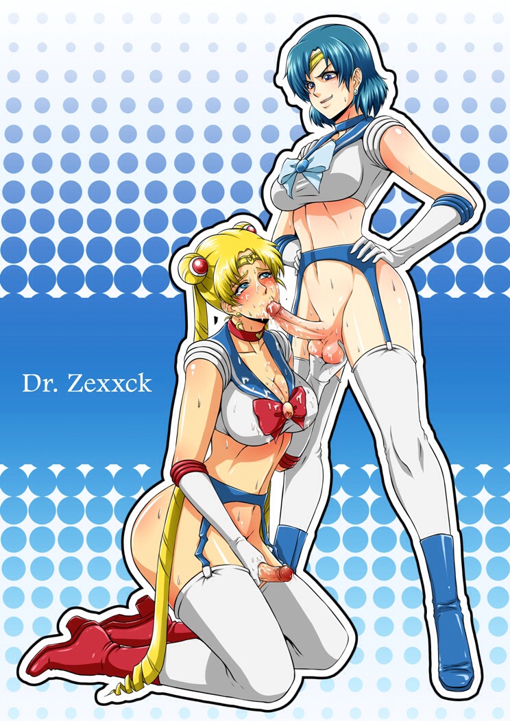 2futas, ami mizuno, balls, big breasts, bishoujo senshi sailor moon, blonde hair, blowjob, blue hair, boots, breasts, clothing, cum, fellatio, female, futa on futa, futa only, futadom, futanari, futasub, garter belt, garter straps, human, intersex, jerking, magical girl, masturbation, medium breasts, multiple futa, oral sex, penis, sailor mercury, sailor moon, stockings, sweat, testicles, uncensored, usagi tsukino, zexxck