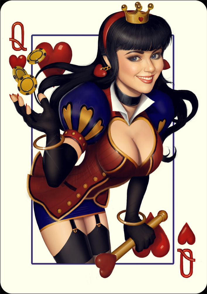 1girls black_gloves black_hair black_suspenders black_thighhighs blue_eyes blue_skirt bodice bracelet card_(medium) choker cleavage corset crown earrings elbow_gloves female female_only fingerless_gloves fully_clothed gloves headband hearts latex lipstick long_gloves long_hair painted_nails papaninja pin-up playing_card poker_chips queen_of_hearts_(playing_card) red_bodice red_corset skirt solo stockings suspenders thighhighs